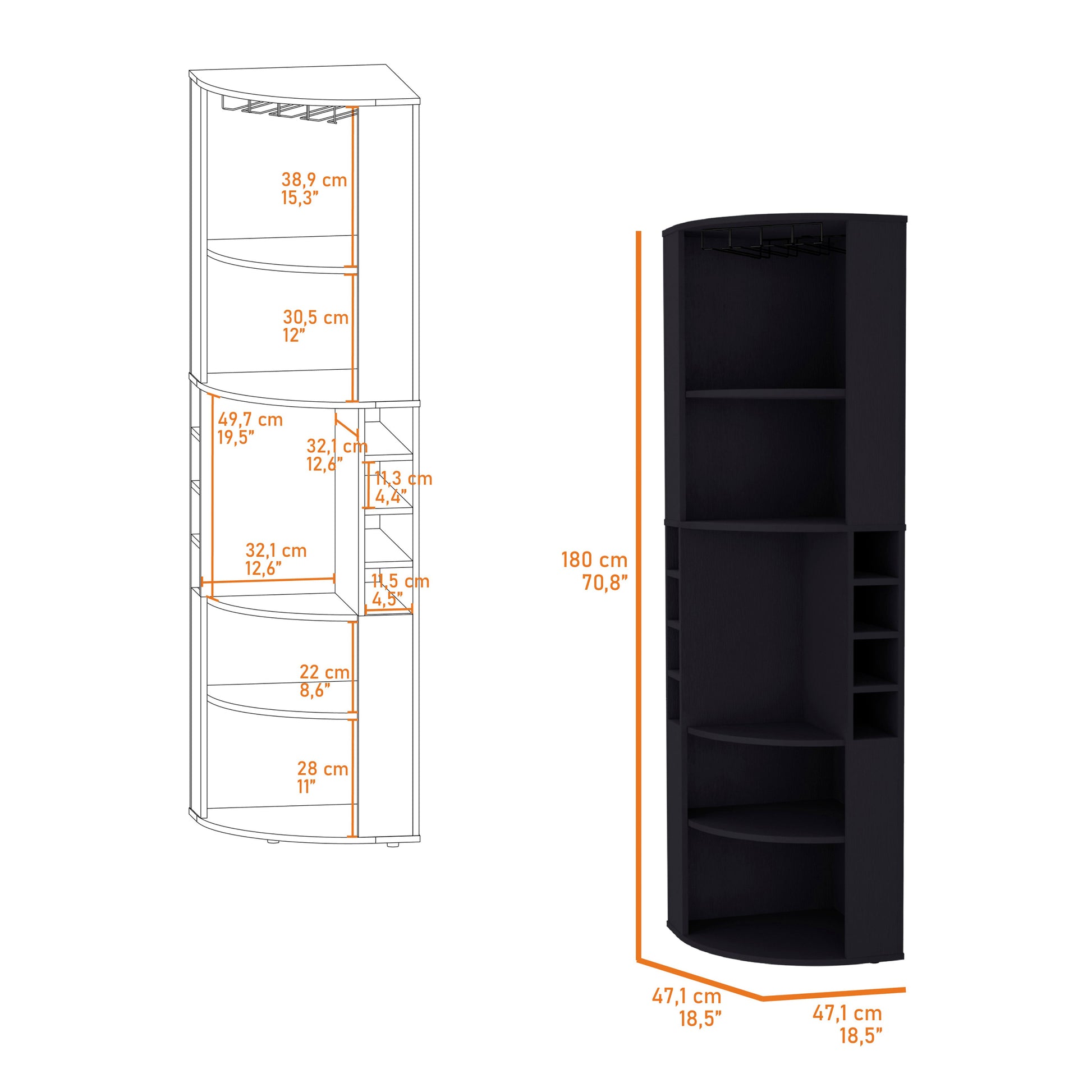 Avery Black 5 Large Shelves Corner Bar Cabinet Vertical 5 Or More Shelves Black Primary Living Space Shelves Included Wood