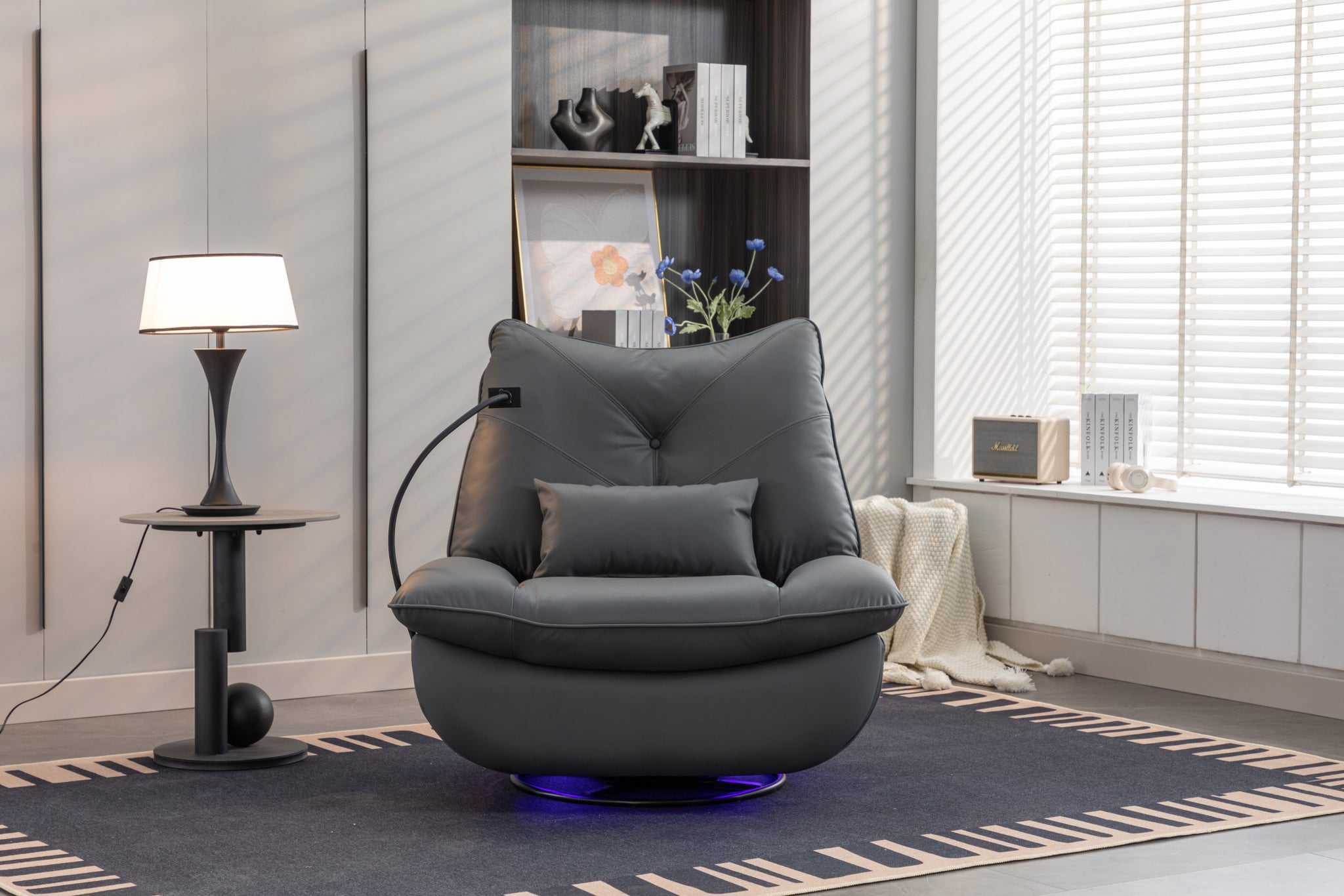 270 Swivel Glider Recliner Chair, Power Recliner Rocking Chair, Usb Port Charge For Nursery Chair With Atmosphere Lamp For Living Room Bedroom Apartment Dark Gray Faux Leather