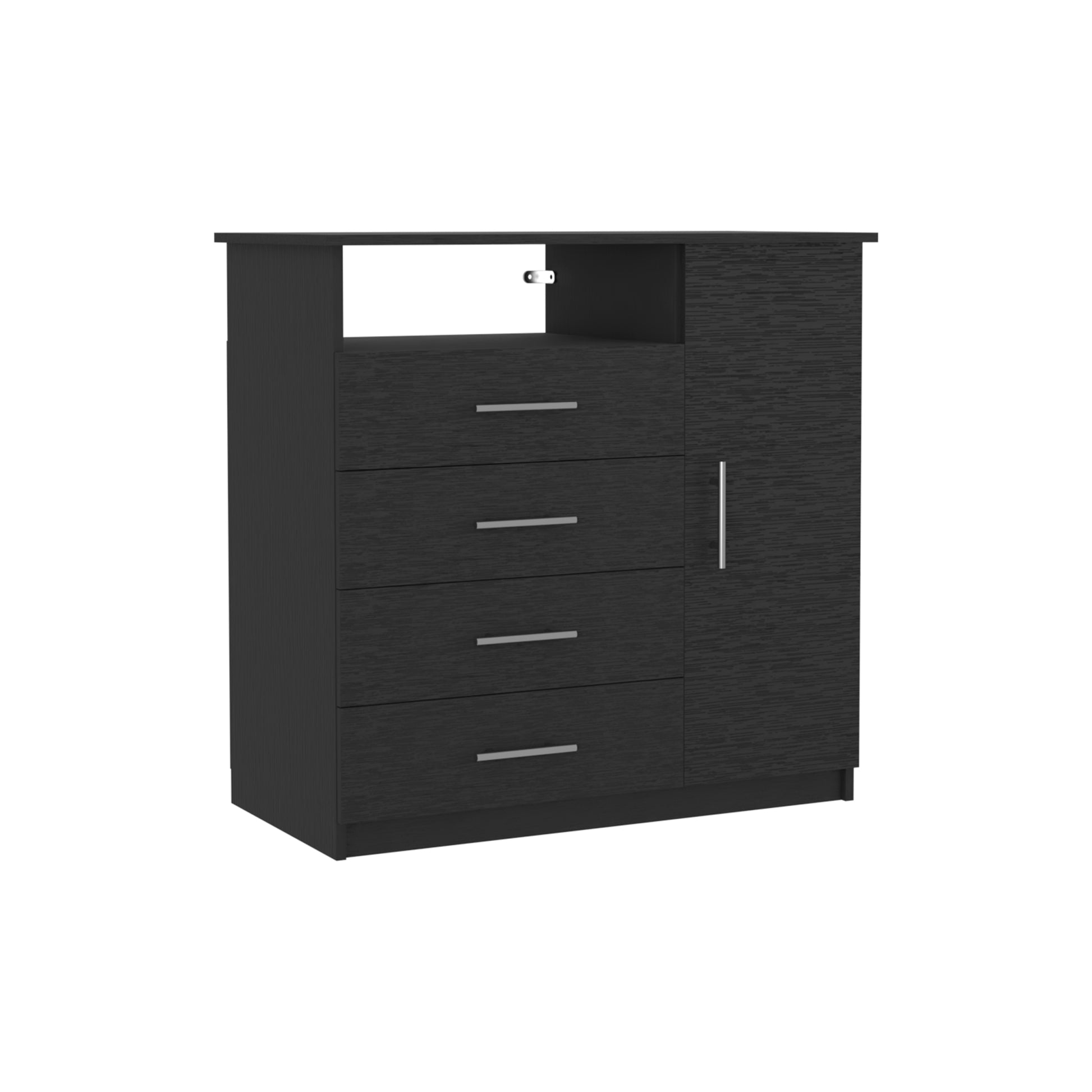 Peru 4 Drawer Dresser, Single Door Cabinet, One Open Shelf, Superior Top Black Black Bedroom Modern Particle Board Particle Board