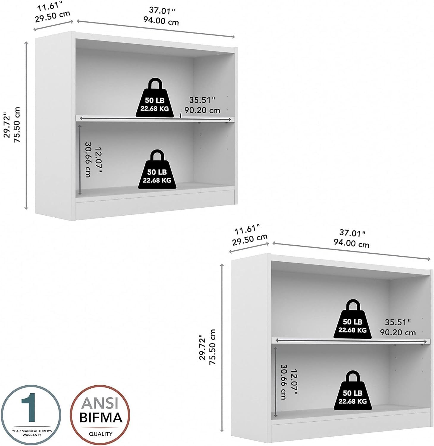 Bush Furniture Universal 2 Shelf Bookcase Set Of 2 In Pure White White Bedroom Engineered Wood