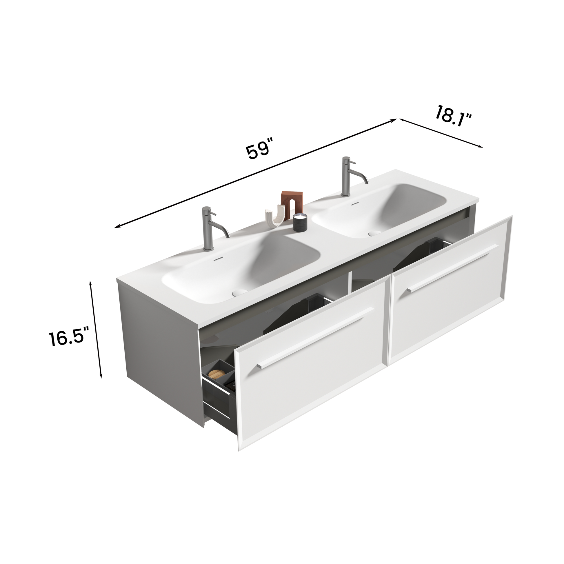 U052 Nevia60W 206 Nevia 60" Matt Snow White Bathroom Vanity With Automatic Led Drawer Light, Wall Mounted Bathroom Vanity With Integrated Solid Surface Sink, Without Drain, Pre Assembled White Plywood