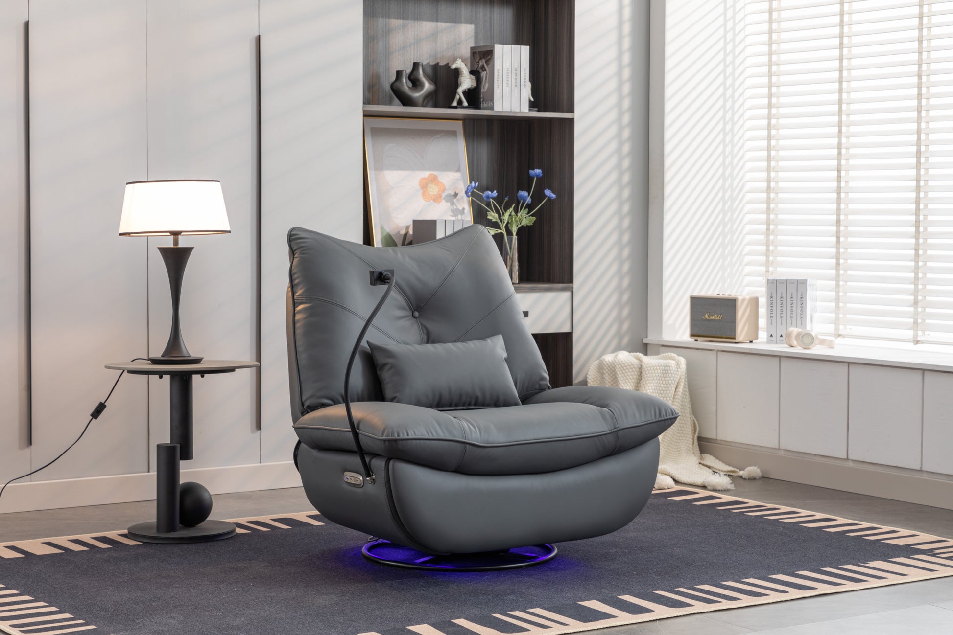 270 Swivel Glider Recliner Chair, Power Recliner Rocking Chair, Usb Port Charge For Nursery Chair With Atmosphere Lamp For Living Room Bedroom Apartment Dark Gray Faux Leather