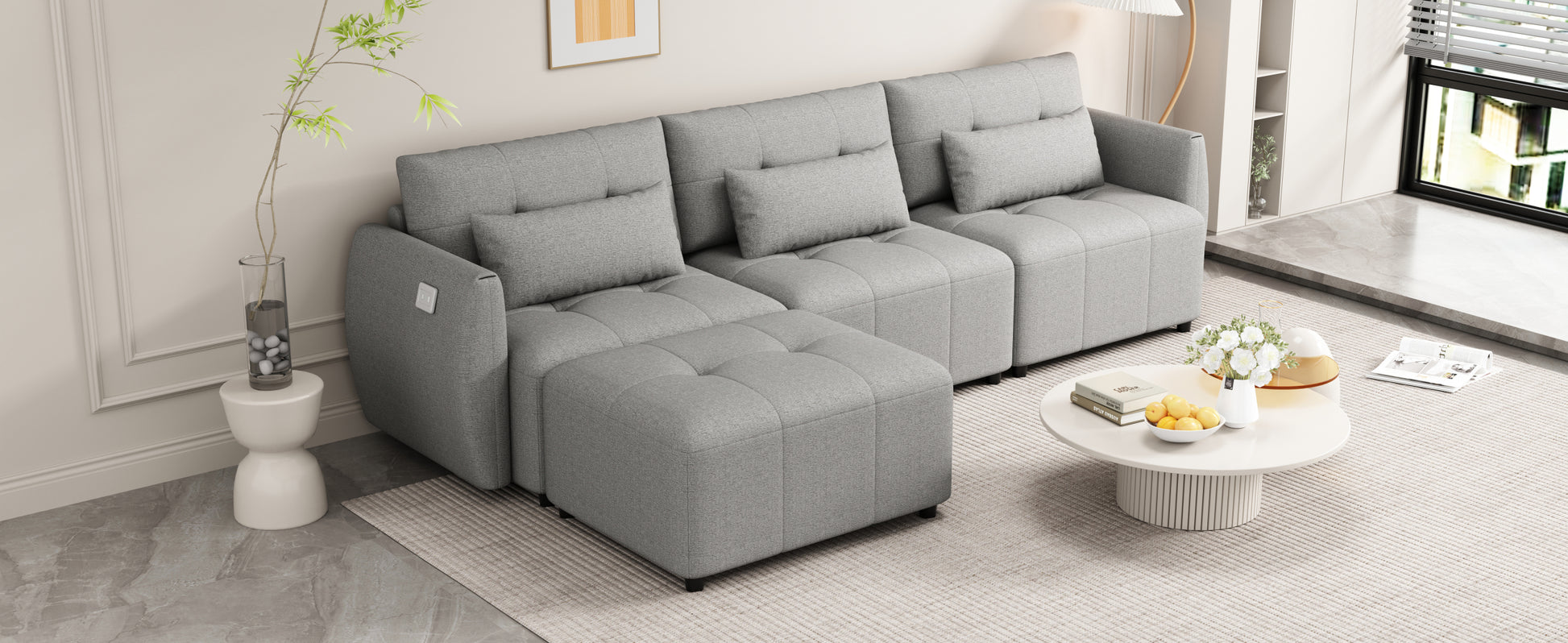 113.3" Convertible Sectional Sofa Couch 3 Seat L Shaped Sofa With Movable Ottoman And Usb For Apartment, Living Room, Bedroom, Grey Grey Chenille 3 Seat