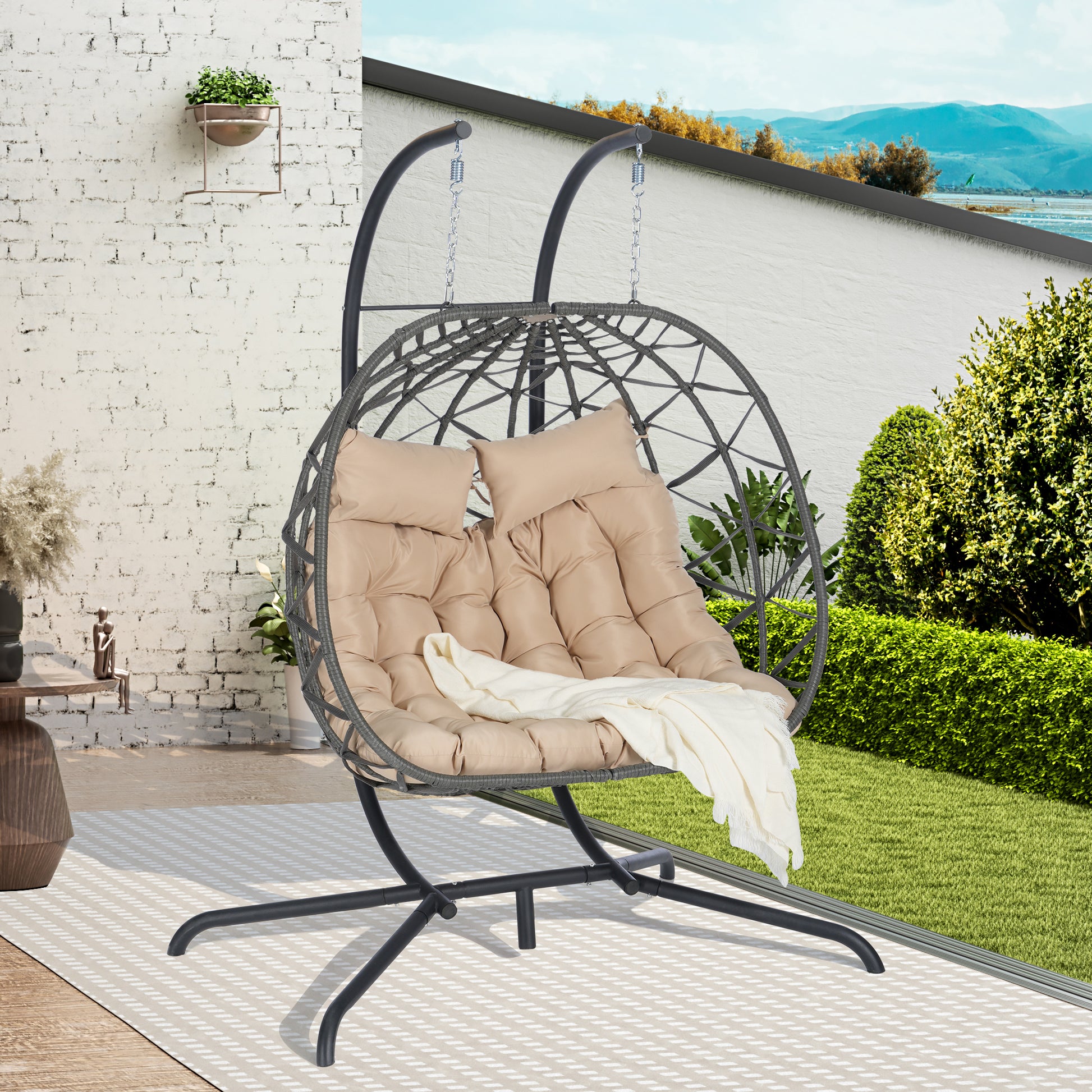 2 Person Outdoor Rattan Hanging Chair Patio Wicker Egg Chair Yes Complete Patio Set Dark Gray Uv Resistant Frame Water Resistant Cushion Garden & Outdoor American Design,American Traditional 2 Person Seating Group Polypropylene Rattan