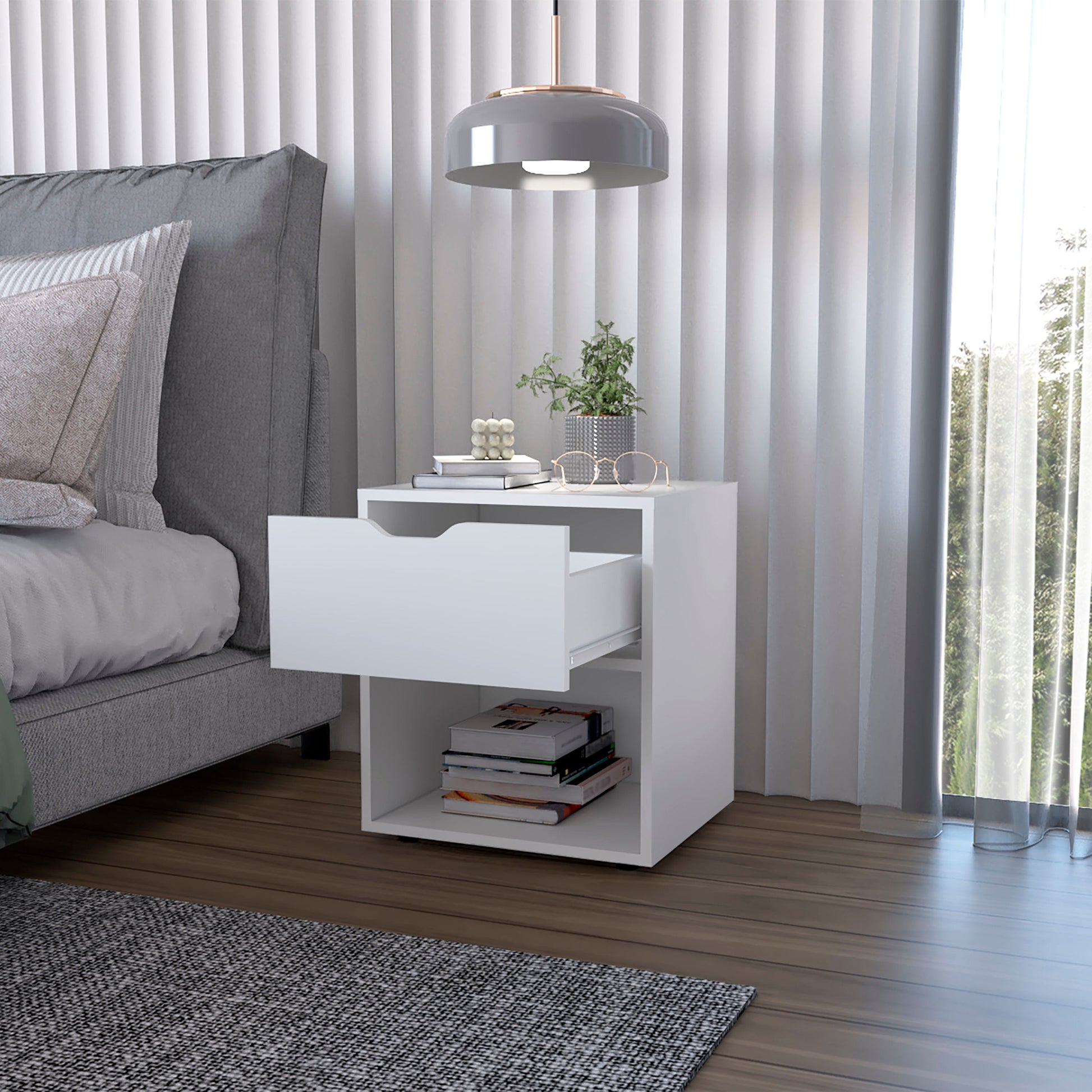 White Elegant Drawer Nightstand White White 1 Drawer Bedroom Drawer Storage Shelf White Wood