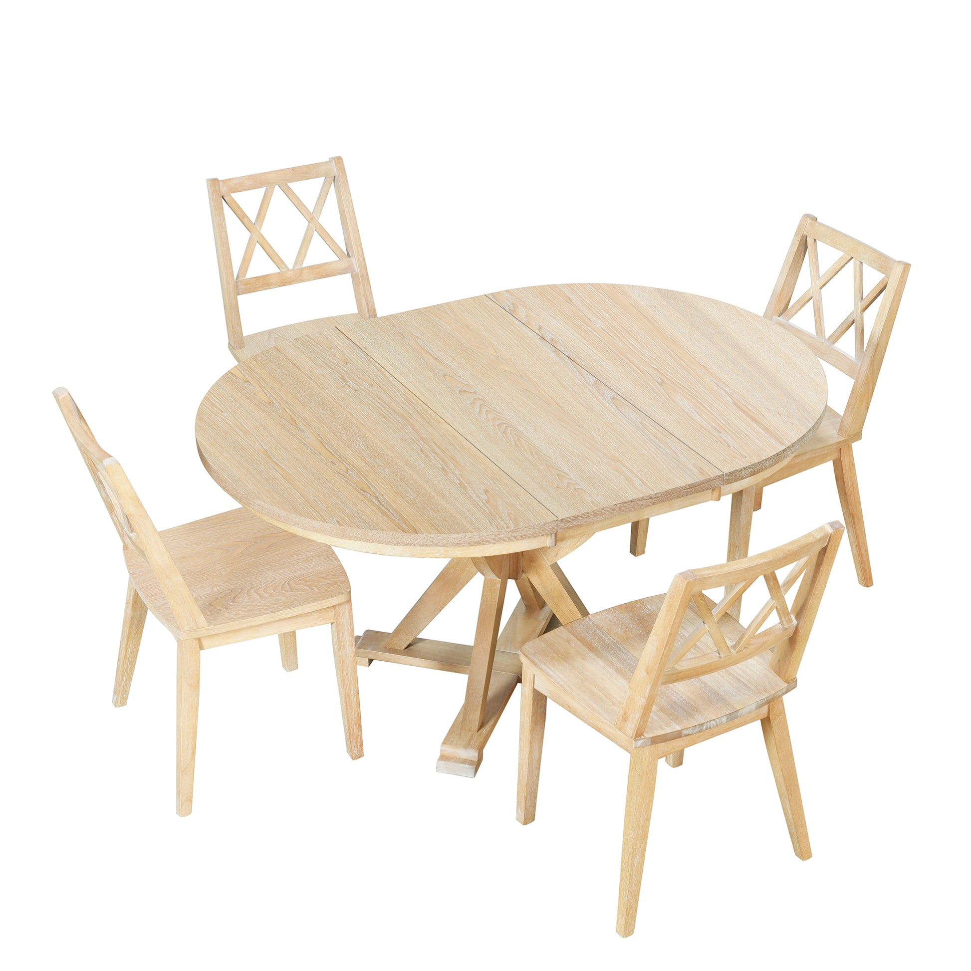 Mid Century 5 Piece Extendable Round Dining Table Set With 15.7" Removable Leaf And 4 Cross Back Dining Chairs, Natural Wood Dining Room Extendable Rubberwood Oval Dining Table With Chair Wood Wood Natural Seats 4 Removable Leaf Mid Century Modern Oval