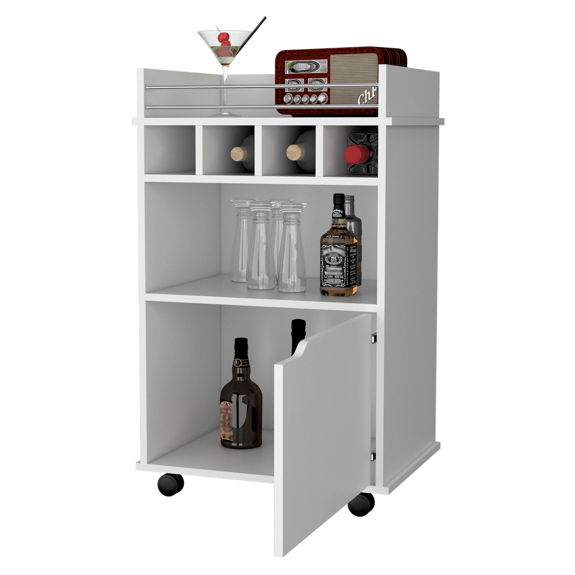 Hannah White 1 Door Bar Cart White White Dining Room Rectangular Kitchen Carts Wood Small Less Than 40In