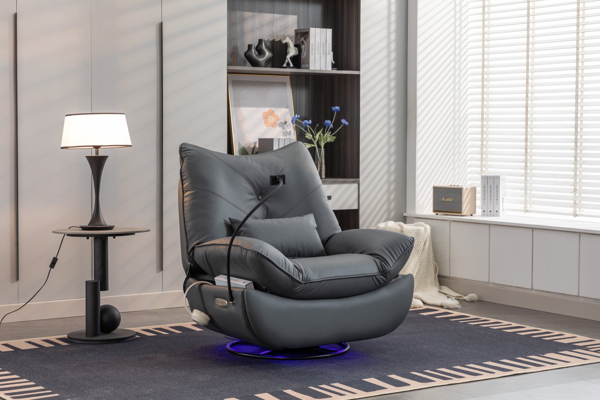 270 Swivel Glider Recliner Chair, Power Recliner Rocking Chair, Usb Port Charge For Nursery Chair With Atmosphere Lamp For Living Room Bedroom Apartment Dark Gray Faux Leather