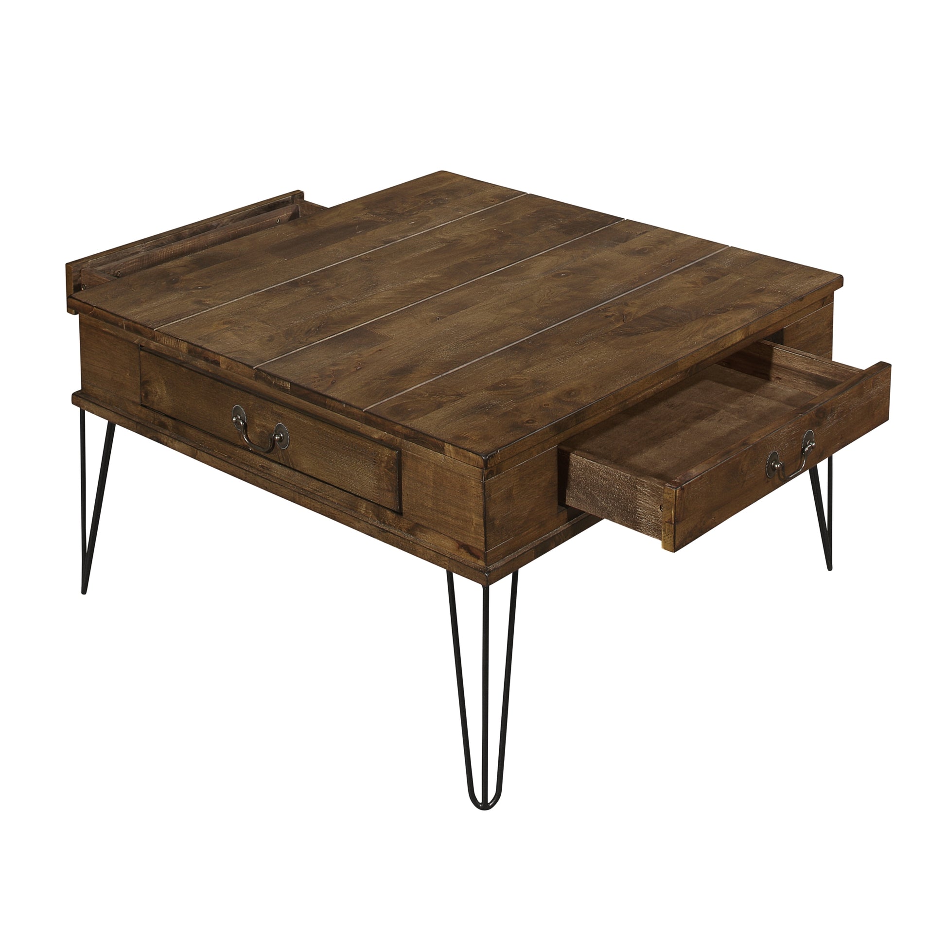 Rustic Oak And Black Finish Classic Square Cocktail Table With 2 Drawers Metal Legs Solid Wood Living Room Furniture 1Pc Coffee Table Oak Primary Living Space Classic,Rustic,Traditional Rubberwood Drawers Coffee & End Tables Square Solid Wood Hairpin