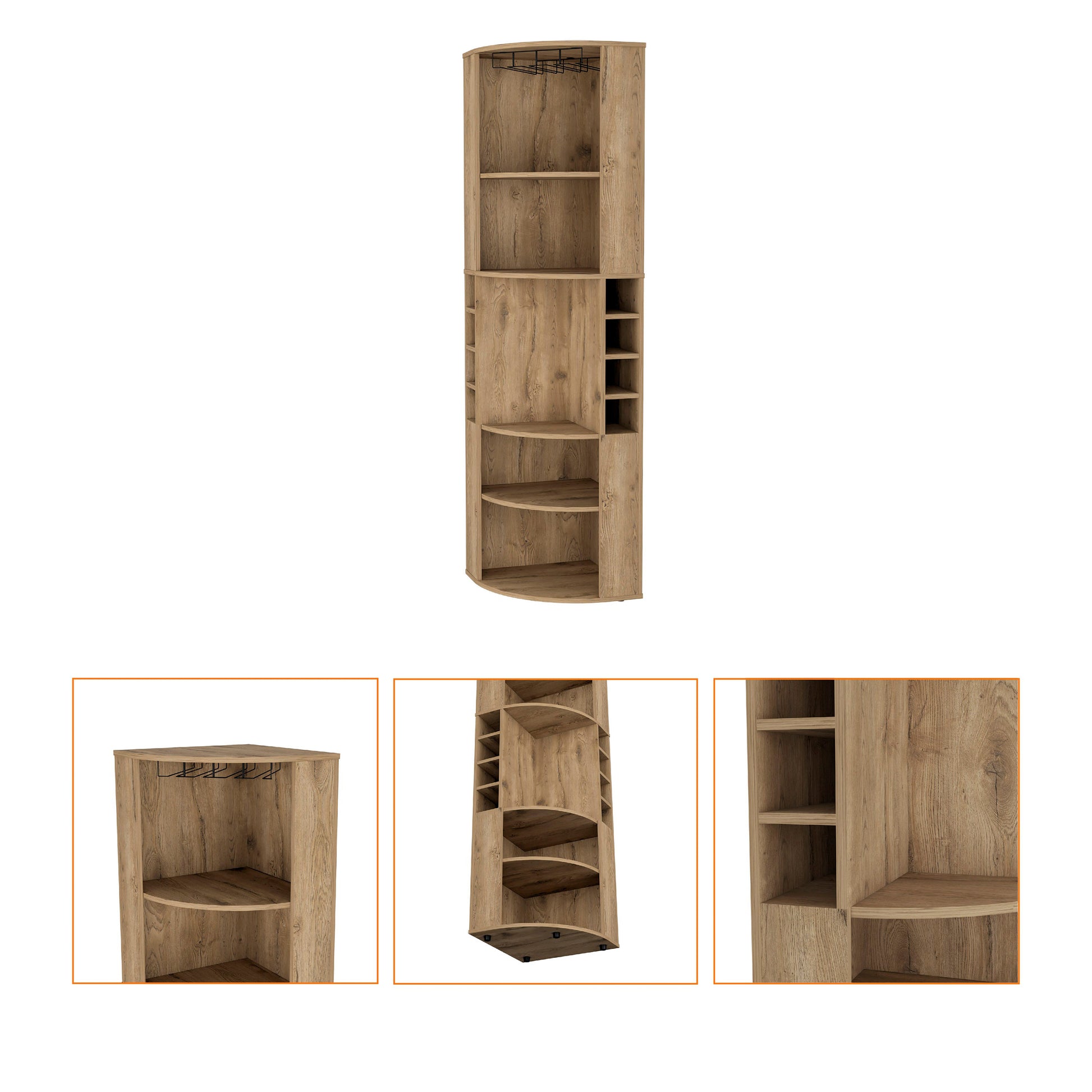 Macadamia 5 Large Sheves Corner Bar Cabinet Vertical 5 Or More Shelves Natural Light Brown Primary Living Space Shelves Included Wood