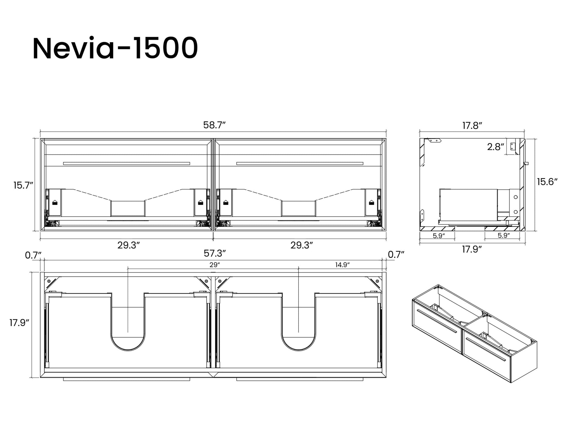 U052 Nevia60W 206 Nevia 60" Matt Snow White Bathroom Vanity With Automatic Led Drawer Light, Wall Mounted Bathroom Vanity With Integrated Solid Surface Sink, Without Drain, Pre Assembled White Plywood