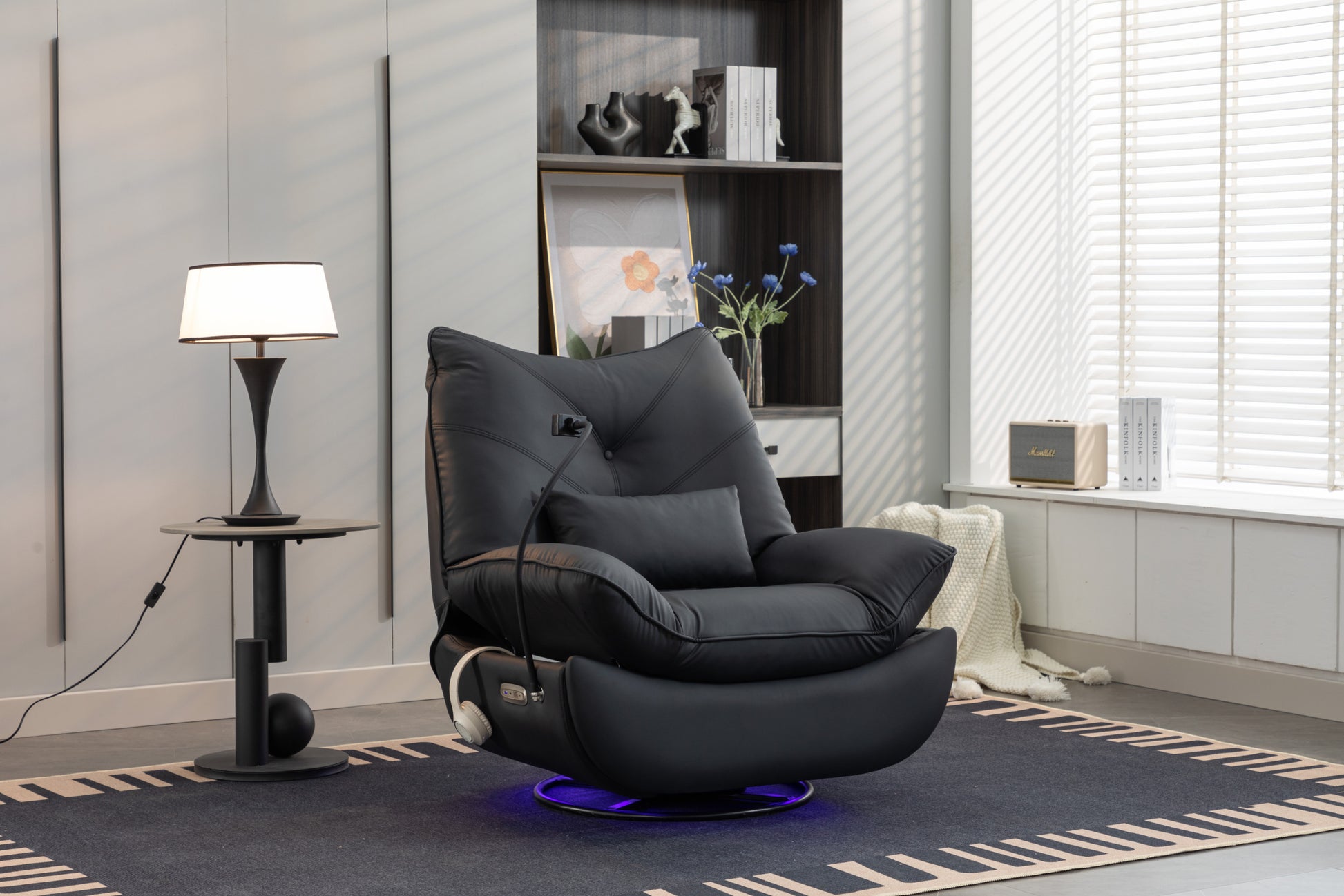 270 Swivel Glider Recliner Chair, Power Recliner Rocking Chair, Usb Port Charge For Nursery Chair With Atmosphere Lamp For Living Room Bedroom Apartment Black Faux Leather