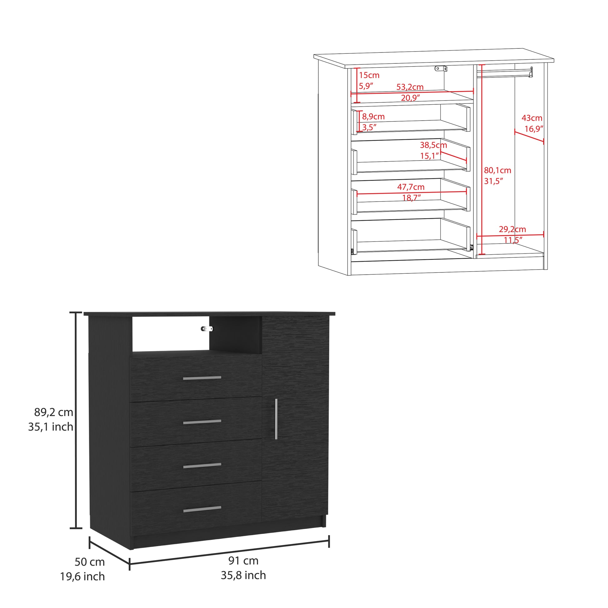 Peru 4 Drawer Dresser, Single Door Cabinet, One Open Shelf, Superior Top Black Black Bedroom Modern Particle Board Particle Board