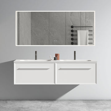 U052 Nevia60W 206 Nevia 60" Matt Snow White Bathroom Vanity With Automatic Led Drawer Light, Wall Mounted Bathroom Vanity With Integrated Solid Surface Sink, Without Drain, Pre Assembled White Plywood