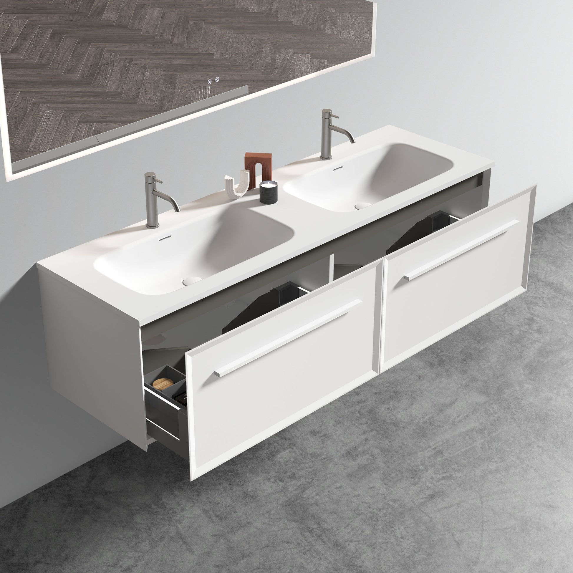 U052 Nevia60W 206 Nevia 60" Matt Snow White Bathroom Vanity With Automatic Led Drawer Light, Wall Mounted Bathroom Vanity With Integrated Solid Surface Sink, Without Drain, Pre Assembled White Plywood