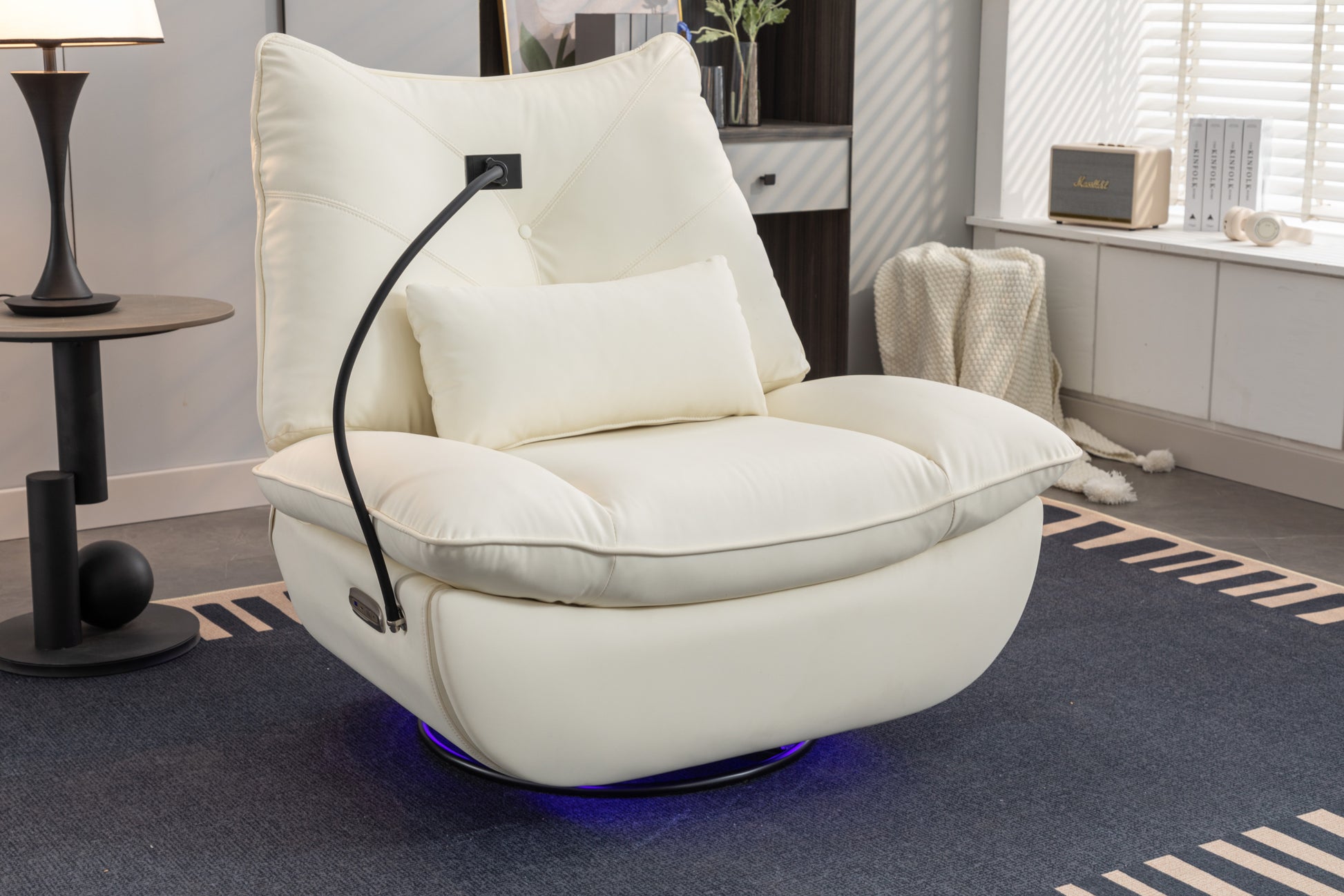 270 Swivel Glider Recliner Chair, Power Recliner Rocking Chair, Usb Port Charge For Nursery Chair With Atmosphere Lamp For Living Room Bedroom Apartment White Faux Leather