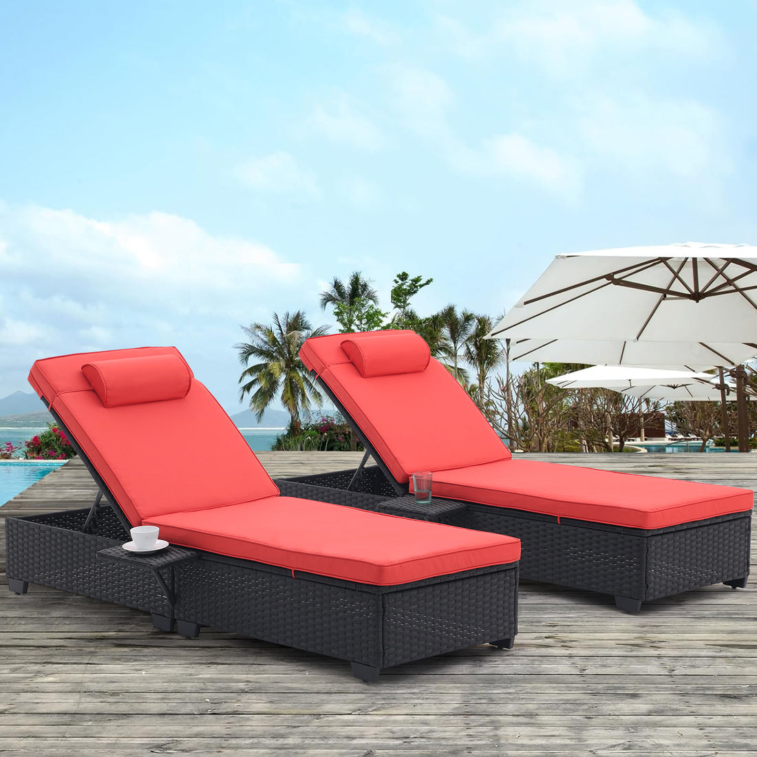 Outdoor Patio Chaise Lounge Chair,Lying In Bed With Pe Rattan And Steel Frame,Pe Wickers,Pool Recliners With Elegant Reclining Adjustable Backrest And Removable Cushions Sets Of 2 Black Red Yes Black Red Weather Resistant Frame Pe Rattan Iron Waterproof