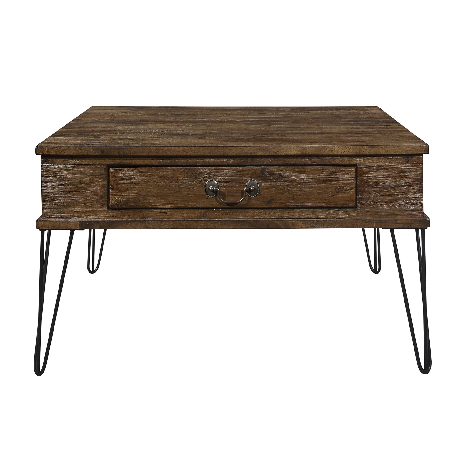 Rustic Oak And Black Finish Classic Square Cocktail Table With 2 Drawers Metal Legs Solid Wood Living Room Furniture 1Pc Coffee Table Oak Primary Living Space Classic,Rustic,Traditional Rubberwood Drawers Coffee & End Tables Square Solid Wood Hairpin