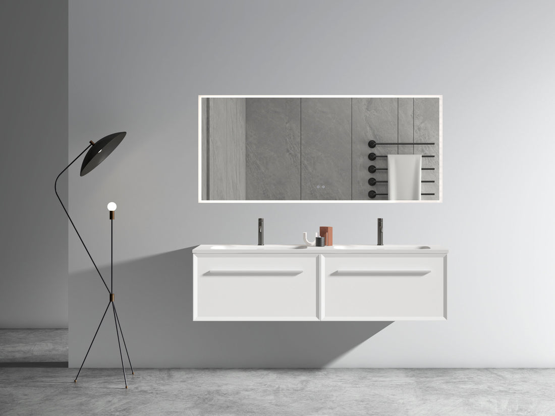 U052 Nevia60W 206 Nevia 60" Matt Snow White Bathroom Vanity With Automatic Led Drawer Light, Wall Mounted Bathroom Vanity With Integrated Solid Surface Sink, Without Drain, Pre Assembled White Plywood