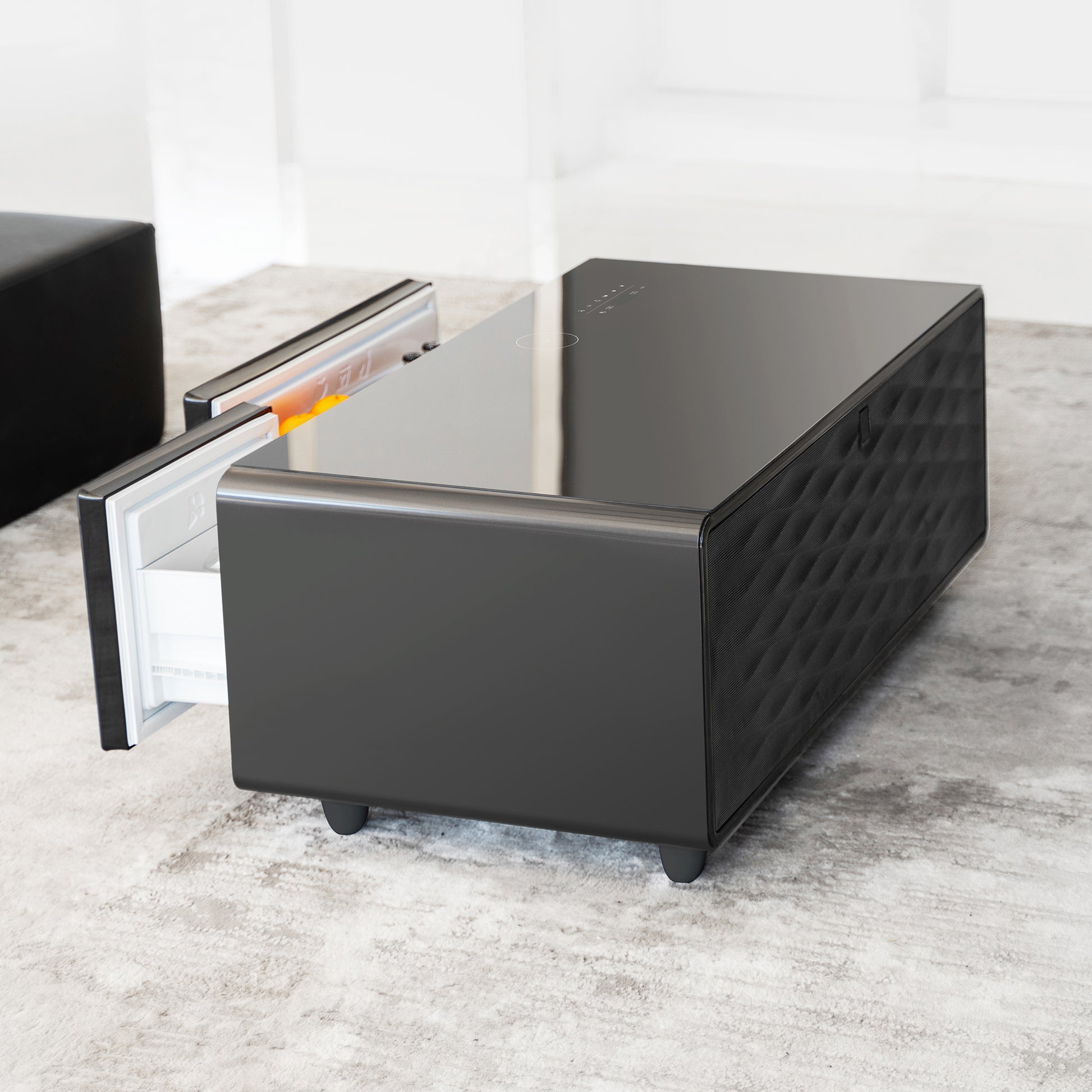Modern Smart Coffee Table With Built In Fridge, Bluetooth Speaker, Wireless Charging, Touch Control Panel, Usb Interface, Outlet Protection, Atmosphere Light, Black Black Built In Outlets Or Usb Primary Living Space Luxury,Modern Freestanding Rectangular