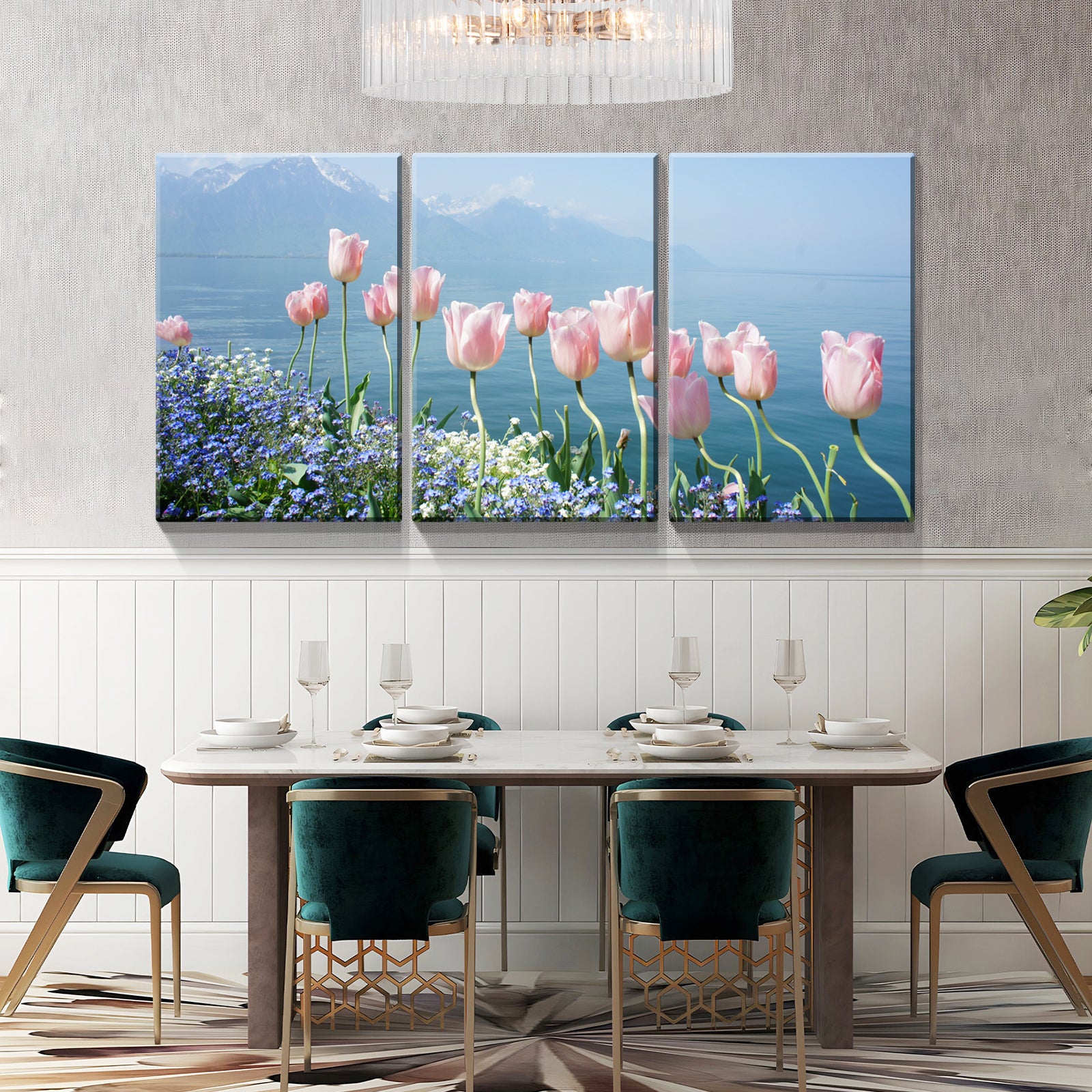 3 Panels Framed Pink Tulip Beside Sea Canvas Wall Art Decor,3 Pieces Mordern Canvas Decoration Painting For Office,Dining Room,Living Room, Bedroom Decor Ready To Hang Rectangle Framed Multicolor Oversized 41In Canvas Nature Scenes