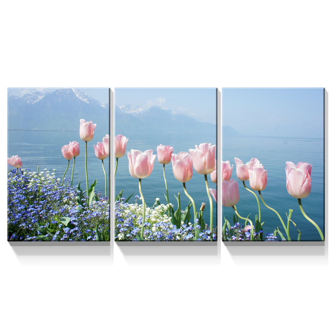 3 Panels Framed Pink Tulip Beside Sea Canvas Wall Art Decor,3 Pieces Mordern Canvas Decoration Painting For Office,Dining Room,Living Room, Bedroom Decor Ready To Hang Rectangle Framed Multicolor Oversized 41In Canvas Nature Scenes