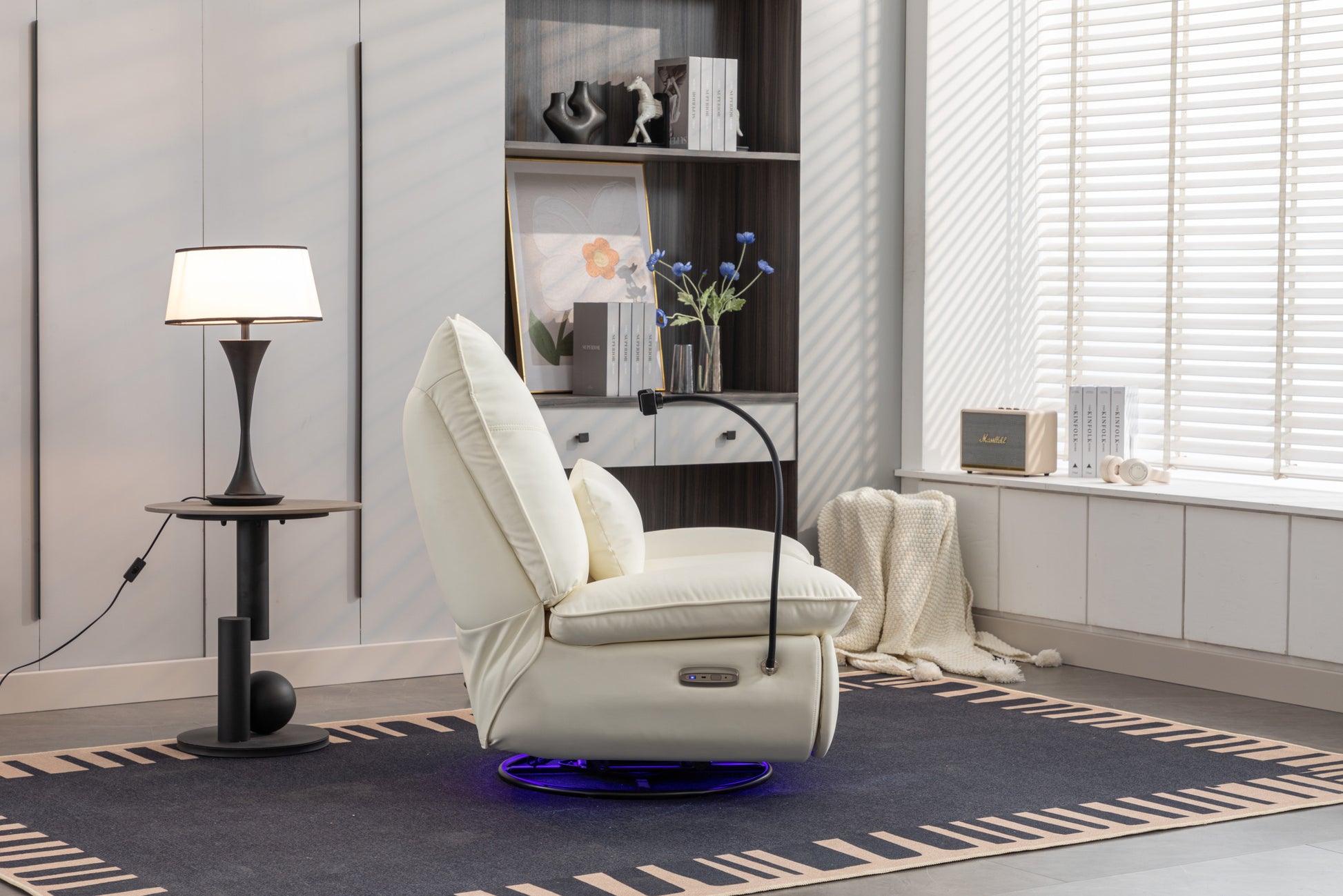 270 Swivel Glider Recliner Chair, Power Recliner Rocking Chair, Usb Port Charge For Nursery Chair With Atmosphere Lamp For Living Room Bedroom Apartment White Faux Leather