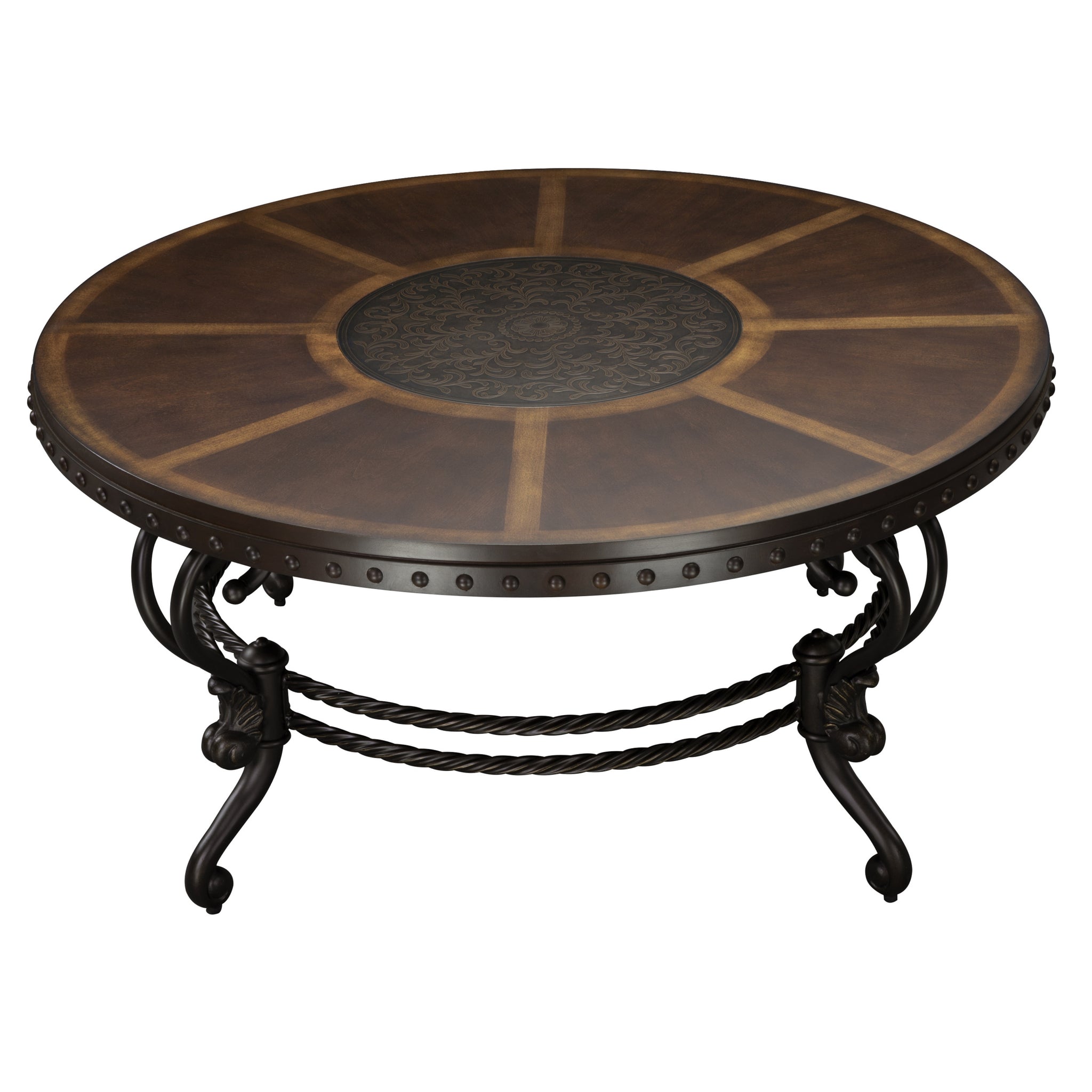 Formal Traditional Style Coffee Table 1Pc Round Decorative Top Curved Metal Base Living Room Furniture Cocktail Table Dark Cherry Finish Brown Mix Primary Living Space Traditional Coffee & End Tables Round Metal & Wood