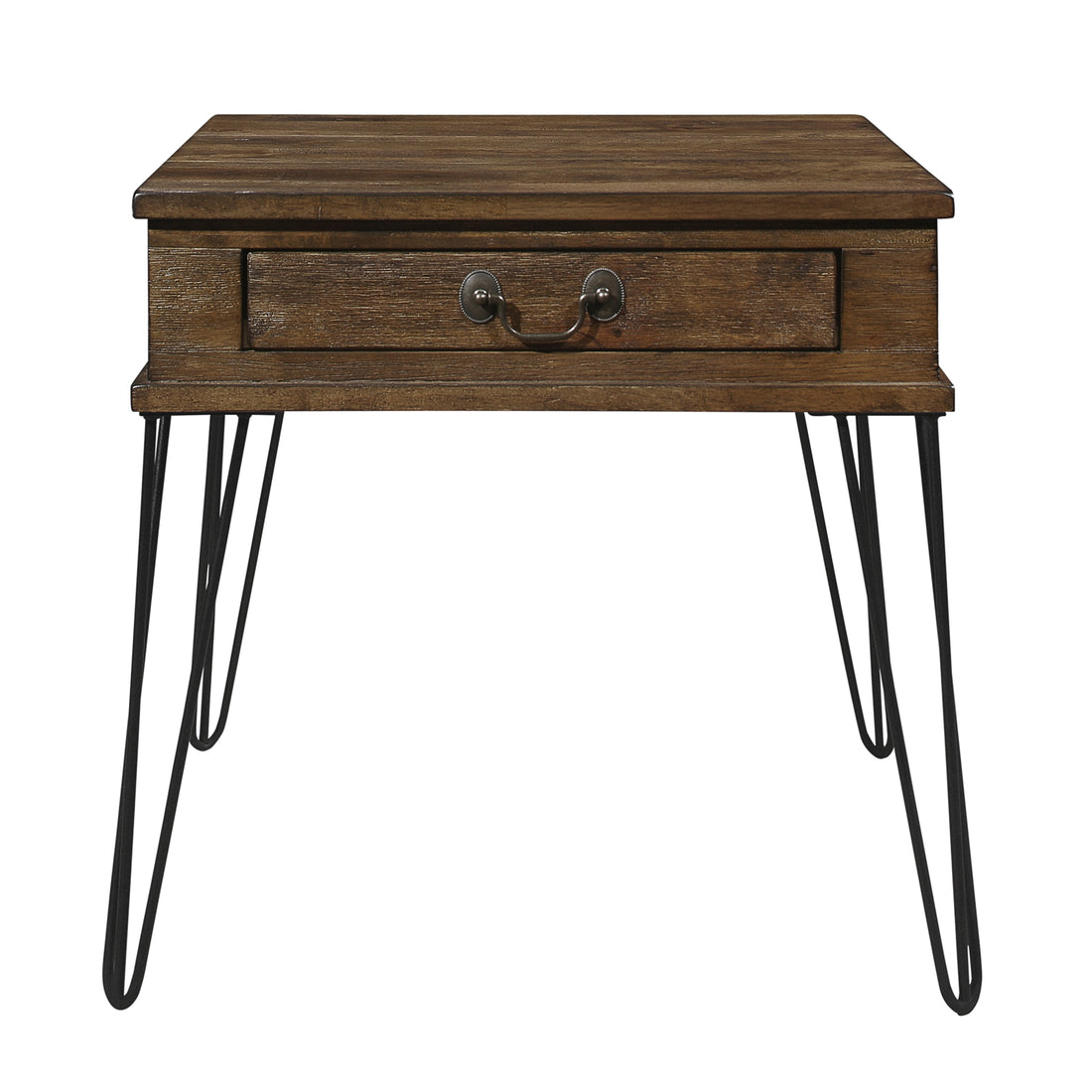 Rustic Oak And Black Finish Classic End Table With Drawer Metal Legs Solid Wood Living Room Furniture 1Pc Side Table Oak Primary Living Space Classic,Rustic,Traditional Rubberwood Drawers Coffee & End Tables Square Solid Wood Hairpin