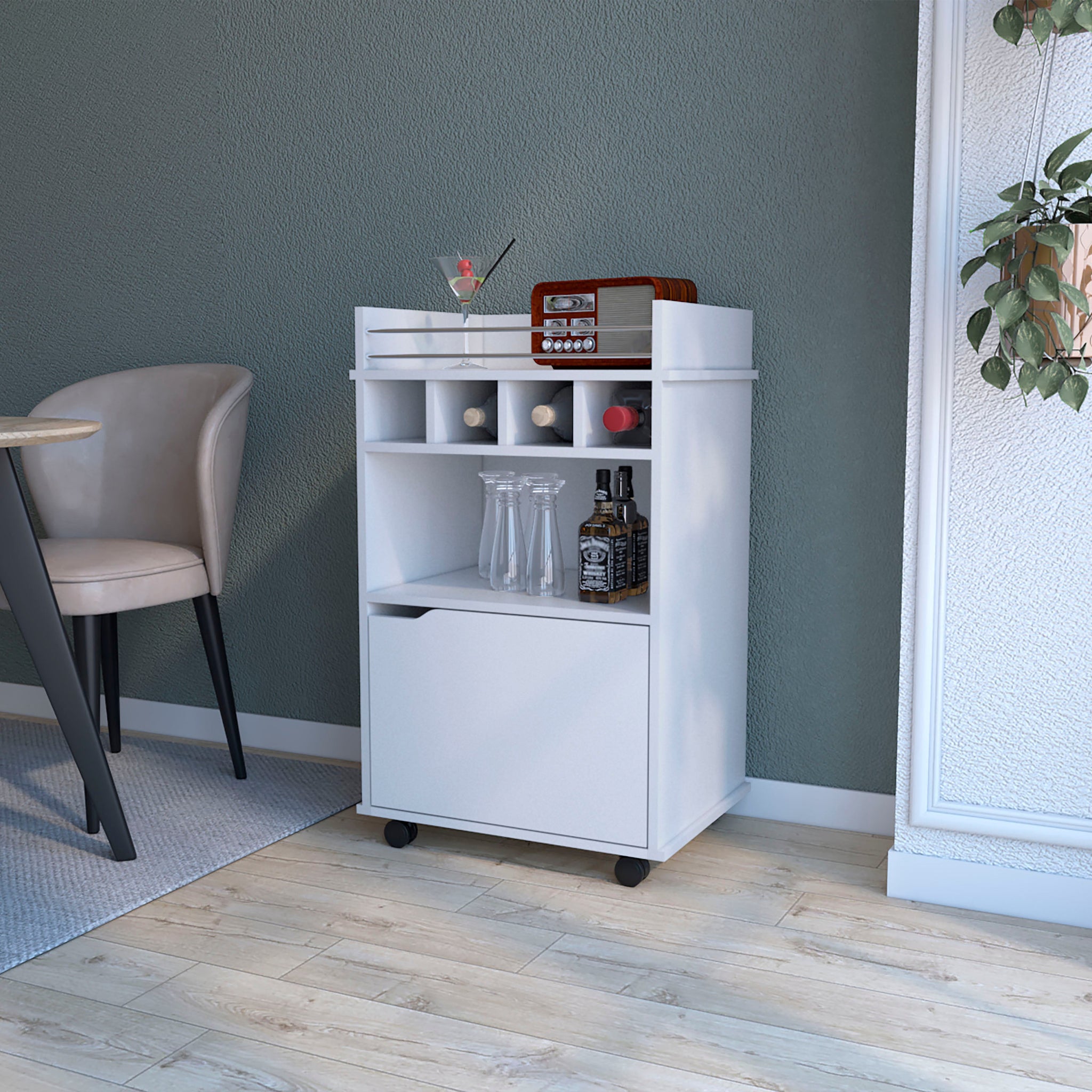 Hannah White 1 Door Bar Cart White White Dining Room Rectangular Kitchen Carts Wood Small Less Than 40In