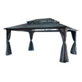 12' X 16' Hardtop Wood Gazebo For Patios, Outdoor Framed Gazebo With Polycarbonate Double Roof Canopy, Solid Wooden Framed Gazebo With Privacy Curtains And Mosquito Nettings For Garden, Backyard Black Aluminium