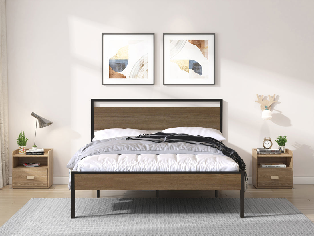 Ceres Metal Bed, Black With Cinnamon Wood Headboard & Footboard, Queen Box Spring Not Required Queen Black Metal Bedroom Bed Frame Metal Metal