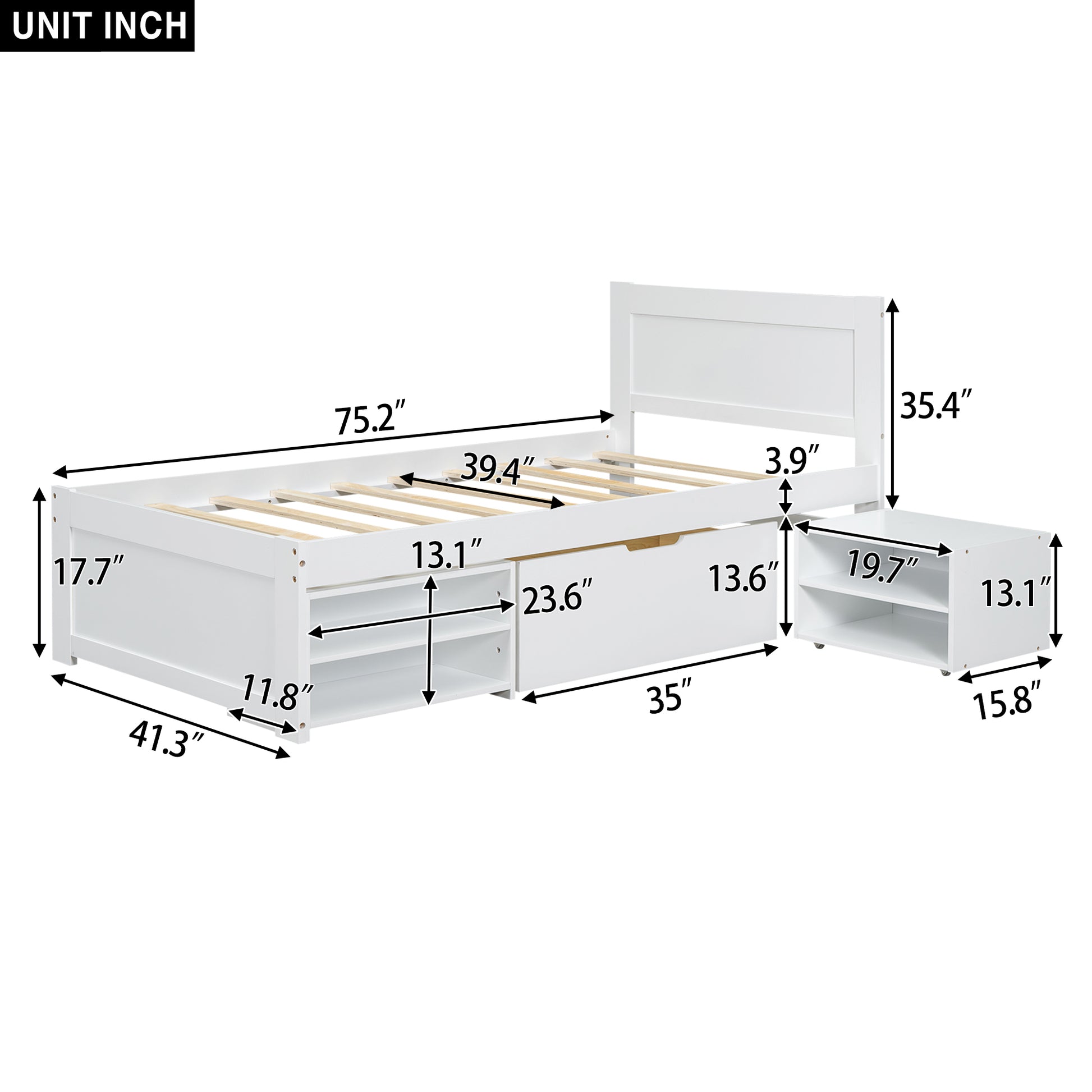 Twin Size Platform Bed With Drawer And Two Shelves, White Twin Antique White Mdf Lvl