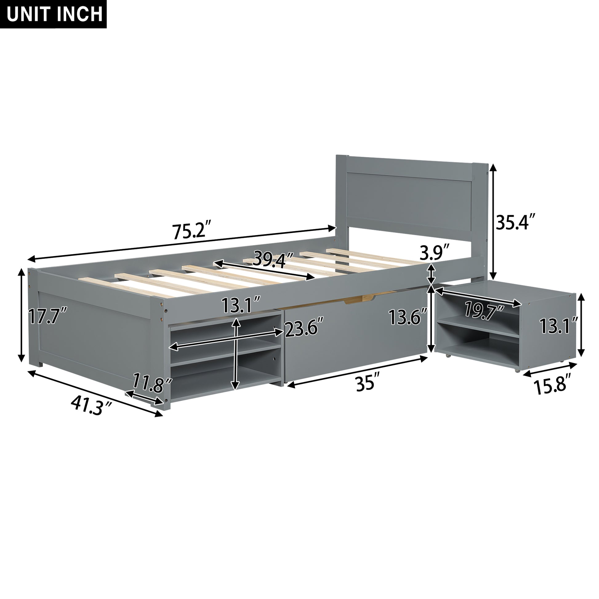 Twin Size Platform Bed With Drawer And Two Shelves, Gray Expected Arrival Time: 10.28 Twin Antique Gray Mdf Lvl