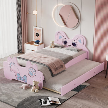 Cartoon Twin Size Platform Bed With Trundle, Pink Twin Pink Blue Mdf Lvl