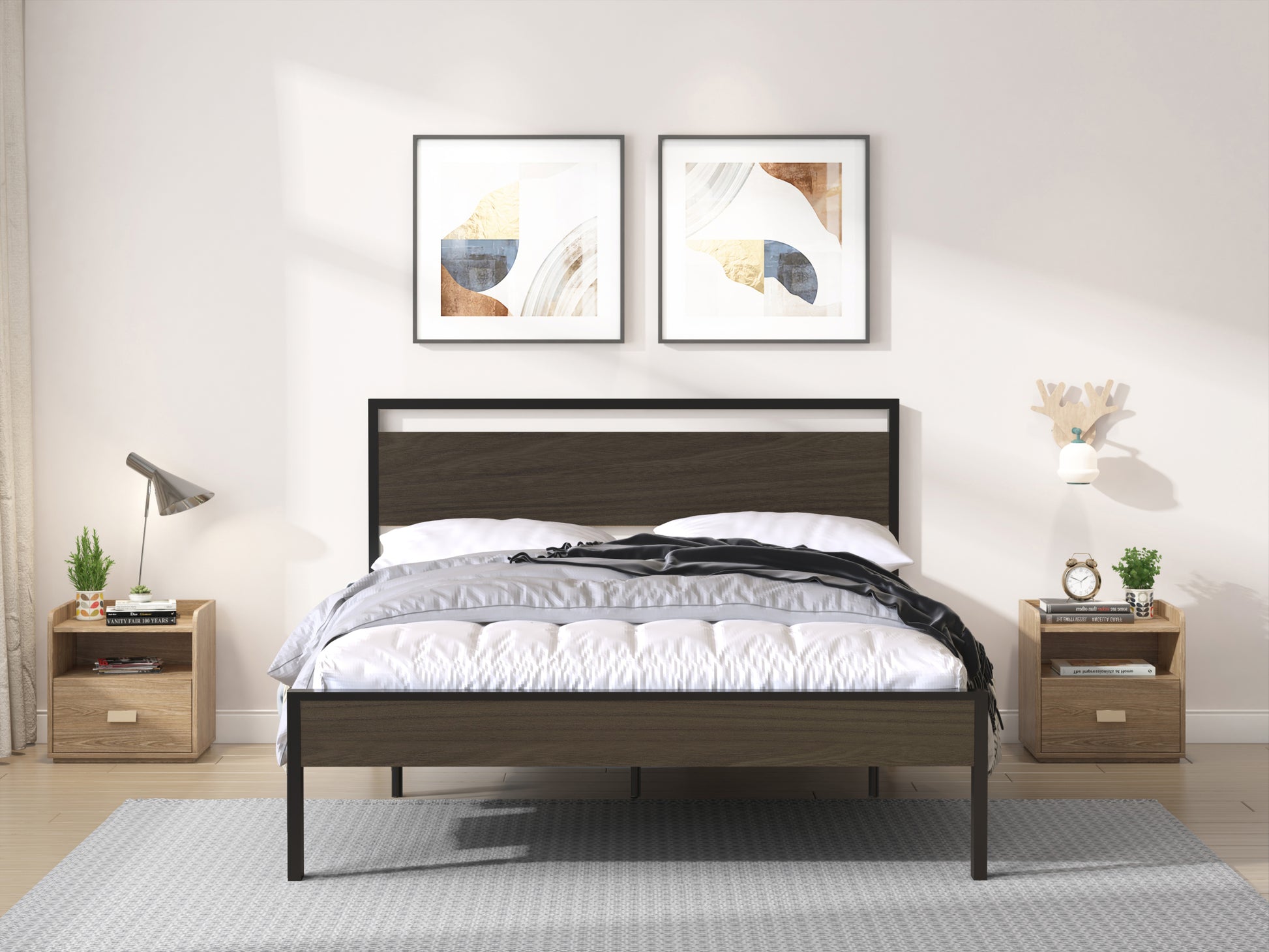 Ceres Metal Bed, Black With Walnut Wood Headboard&Footboard, Queen Box Spring Not Required Queen Black Metal Red Bedroom Bed Frame Metal Metal