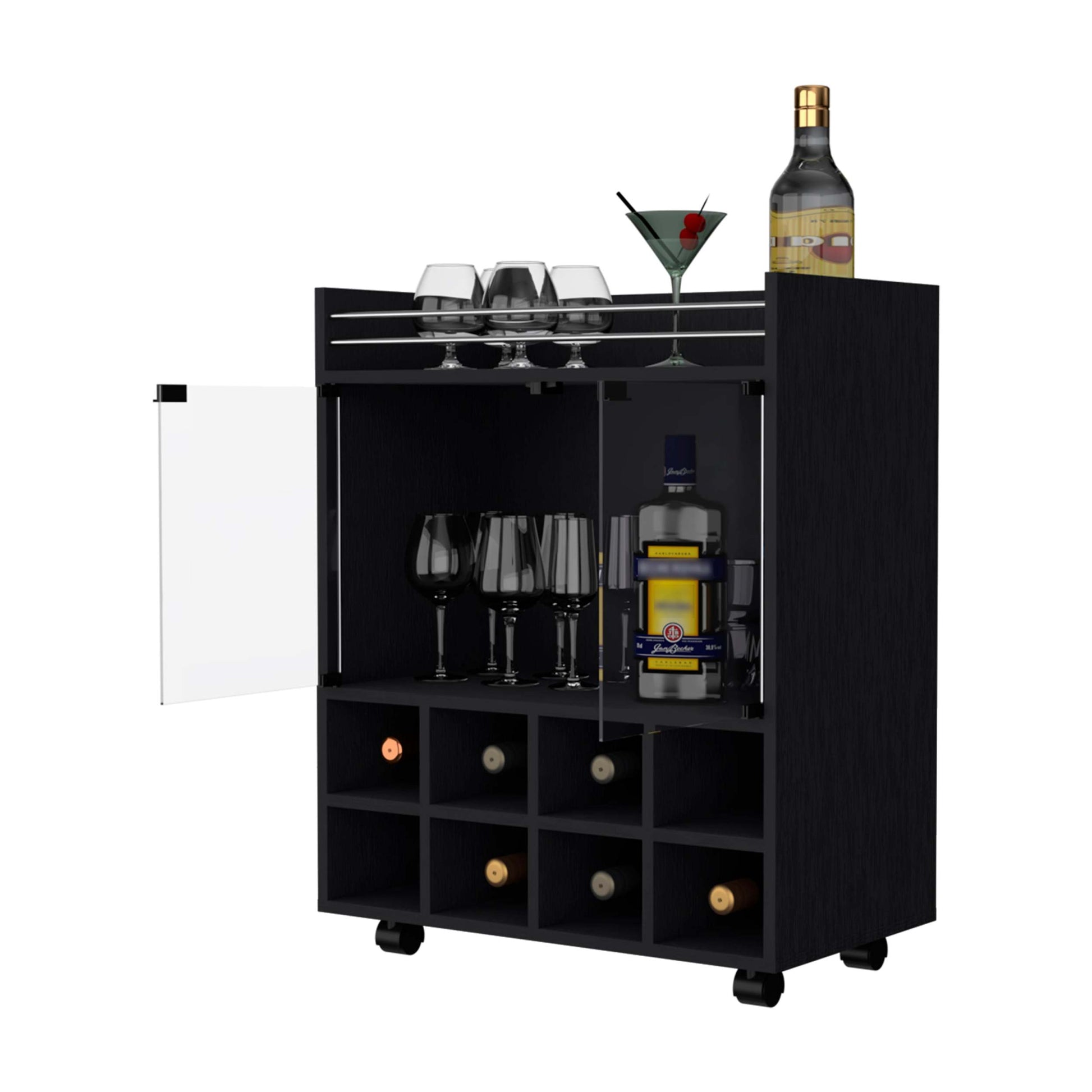 Bradley Black 8 Bottle Rack Bar Cart Black Primary Living Space Rectangular Kitchen Carts Wood Small Less Than 40In