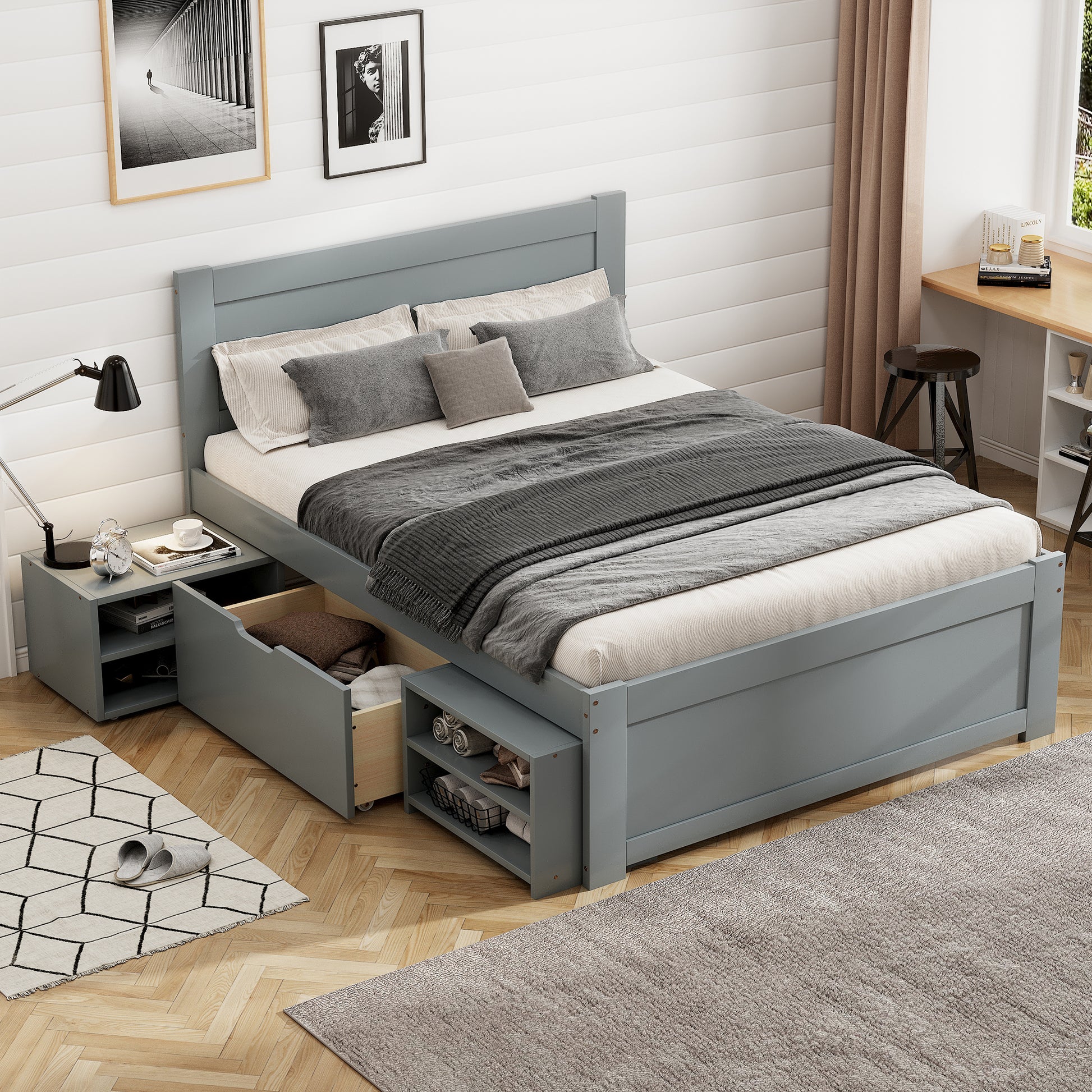 Twin Size Platform Bed With Drawer And Two Shelves, Gray Antique Gray Mdf Lvl