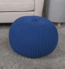 Bordeaux Knitted Cotton Round Pouf, Navy Blue Navy Blue Cotton