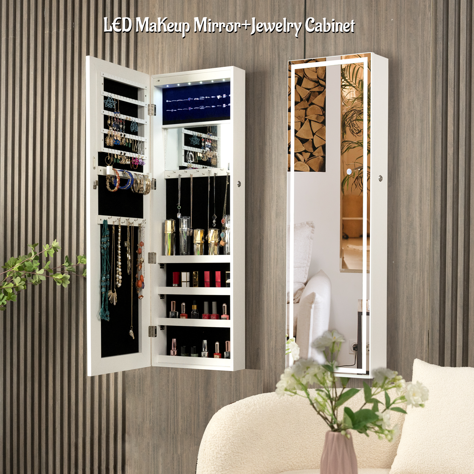 Fashion Simple Jewelry Storage Mirror Cabinet With Led Lights Can Be Hung On The Door Or Wall White Mdf