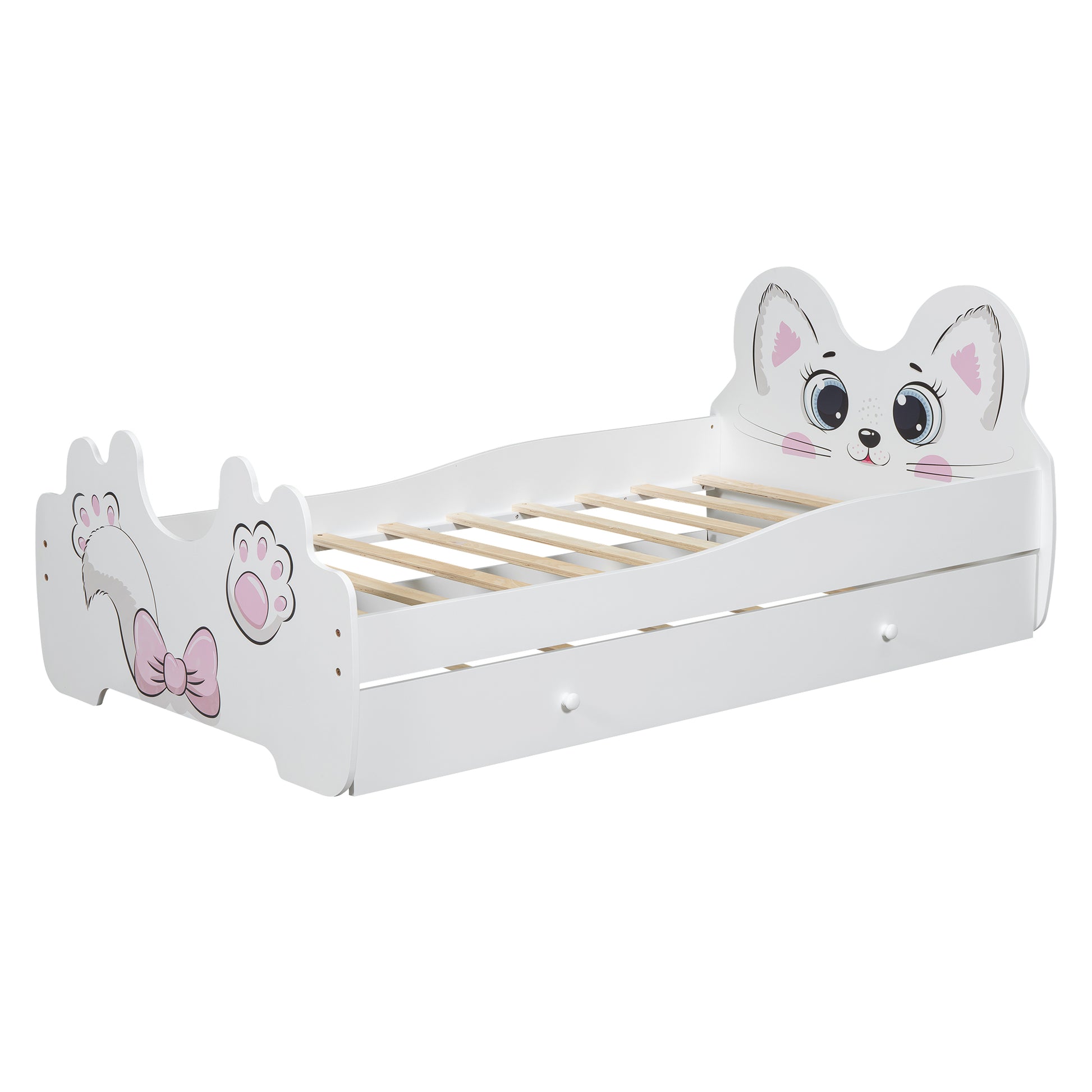 Cartoon Twin Size Platform Bed With Trundle, White Twin Antique White Mdf Lvl