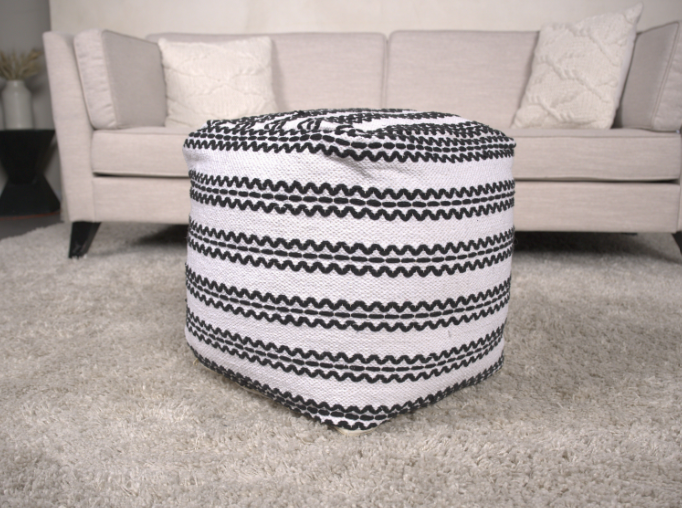 Lani Handcrafted Fabric Pouf, Natural With Black Natural Black Fabric