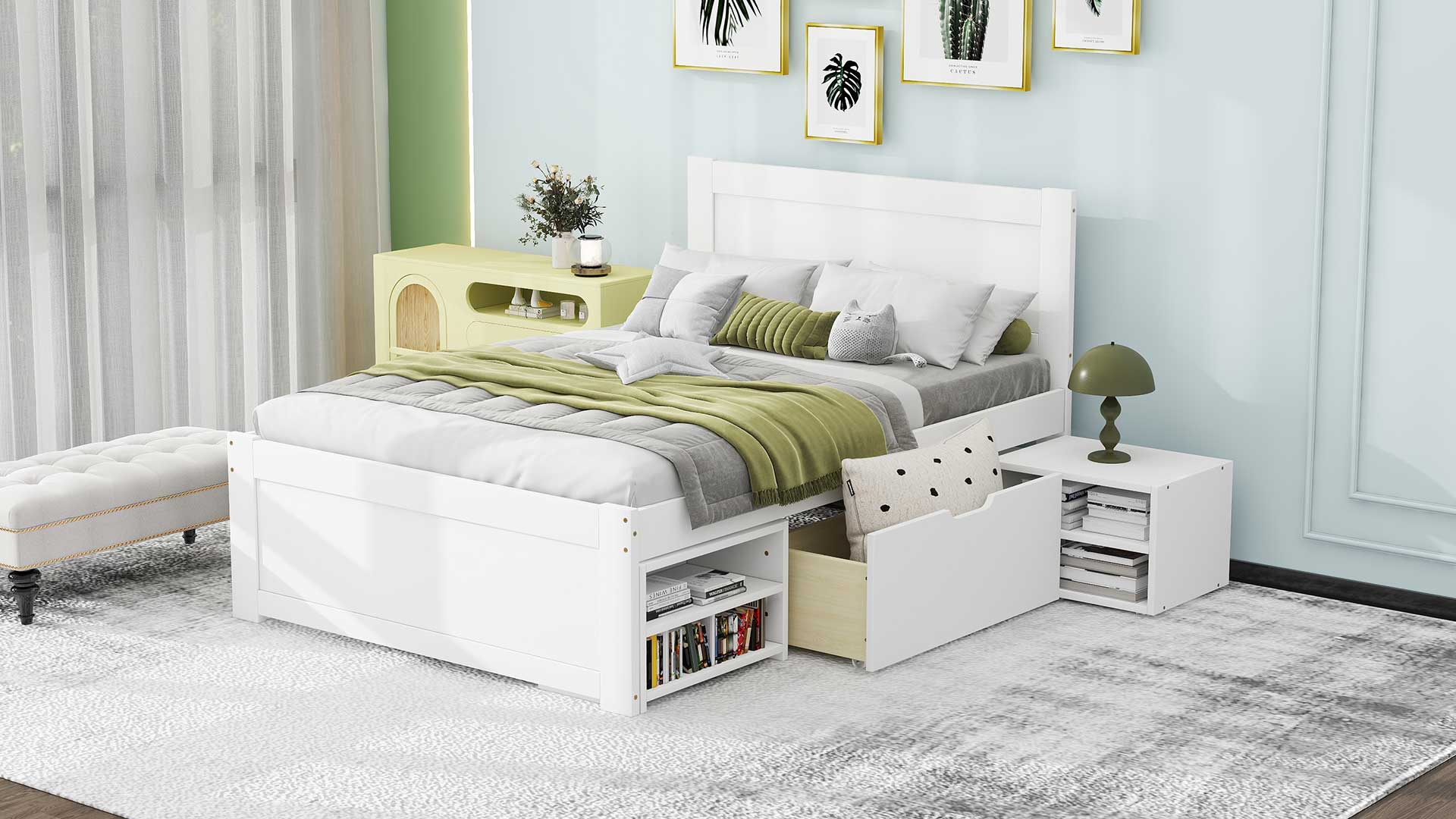 Twin Size Platform Bed With Drawer And Two Shelves, White Twin Antique White Mdf Lvl