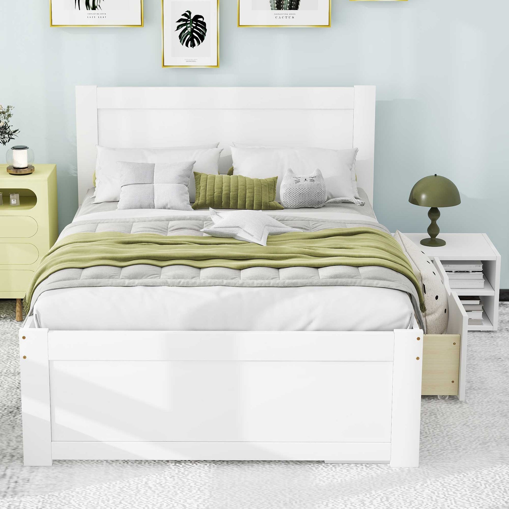 Twin Size Platform Bed With Drawer And Two Shelves, White Twin Antique White Mdf Lvl