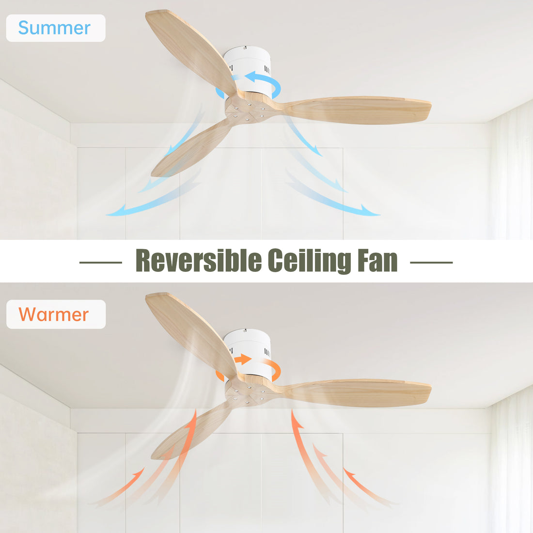 52 Inch Indoor 3 Solid Wood Blade Ceiling Fan Noiseless Reversible Dc Motor Remote Control White Metal & Wood