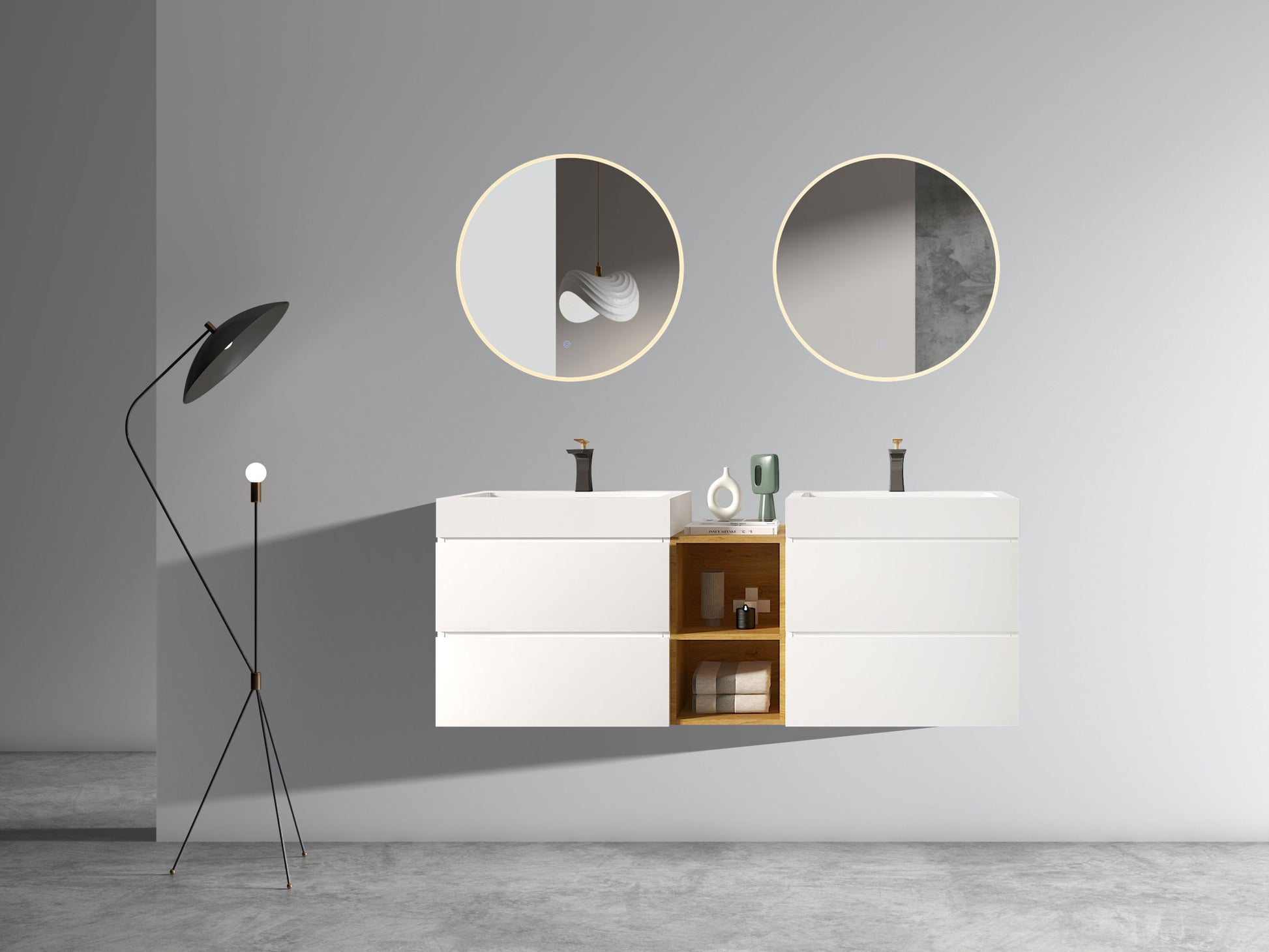 U062 Alice60W 201 Alice 60" White Bathroom Vanity With Double Sinks And Open Shelf, Modern Wall Mounted Floating Bathroom Vanity, One Piece Sink Basin Without Drain And Faucet White Bathroom Modern Mdf Mdf