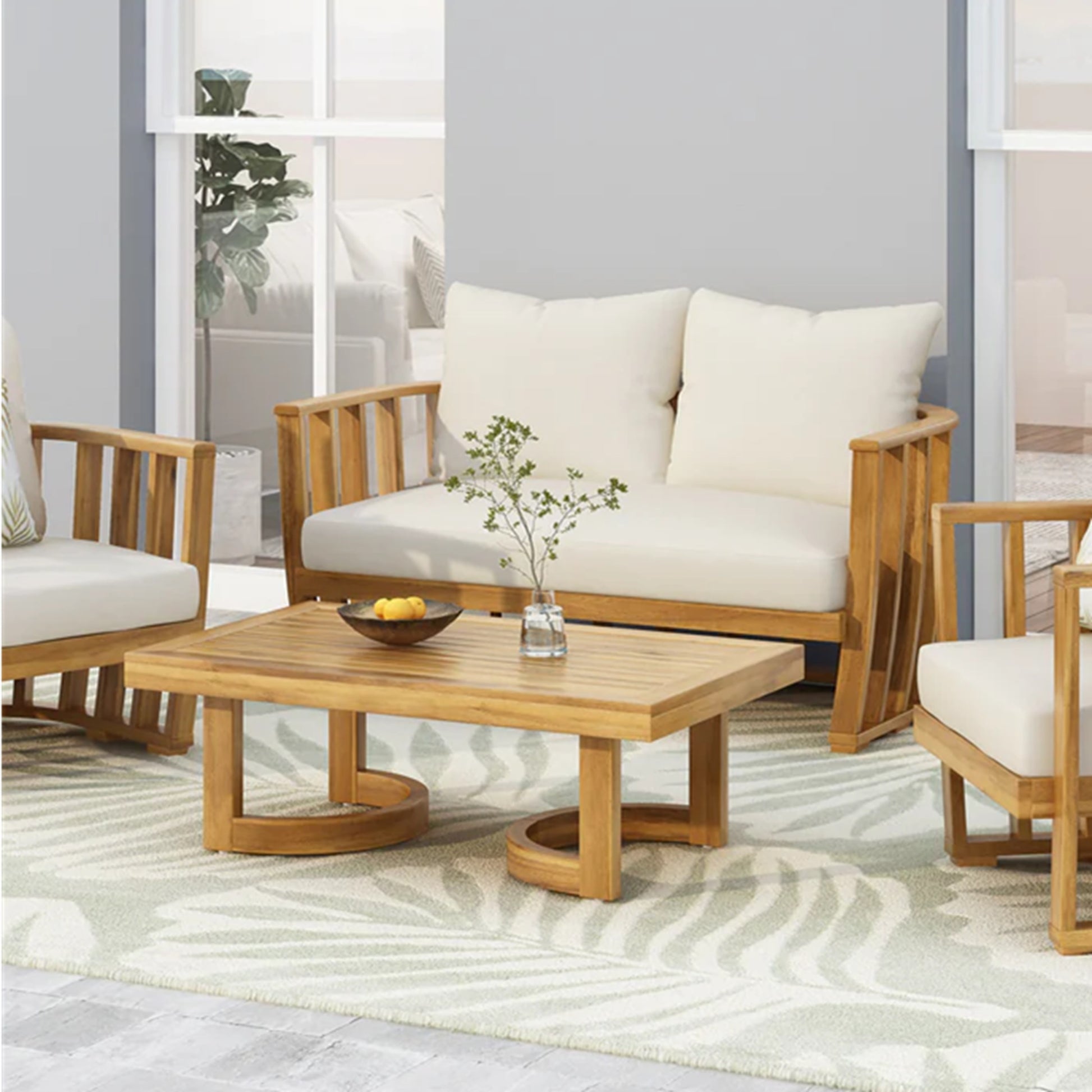 Outdoor Acacia Wood Loveseat And Coffee Table Set With Cushions, Teak, Beige Beige Brown Acacia Wood