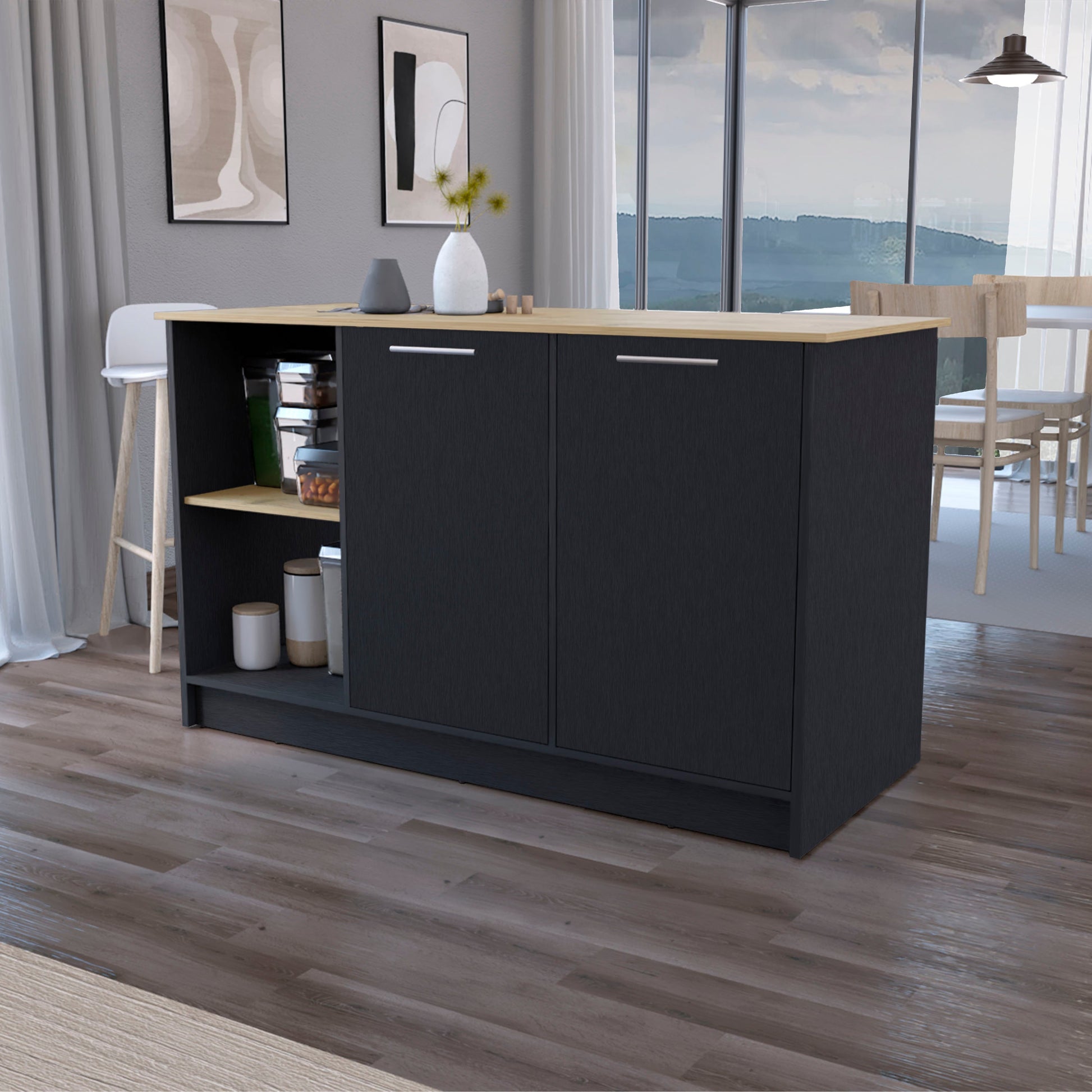 Black And Macadamia Double Door Cabinets Kitchen Island Black Natural Kitchen Rectangular Stationary Kitchen Islands Wood Large 56 In