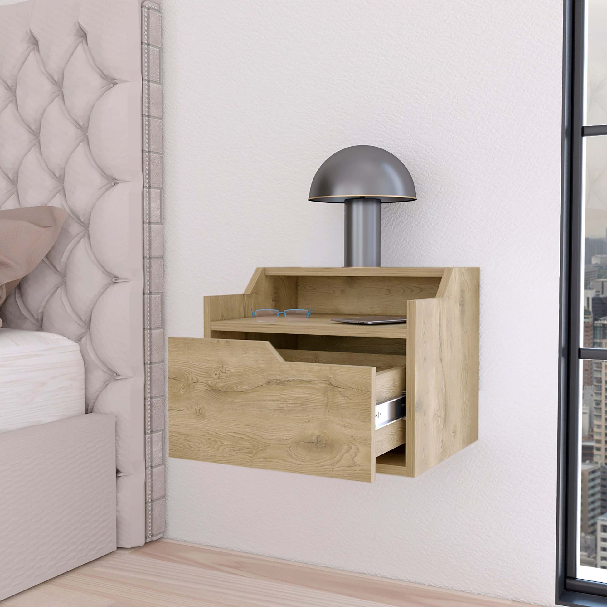 Macadamia Dual Shelf Display Nightstand Natural 1 Drawer Bedroom Floating Easy Assembly Wood
