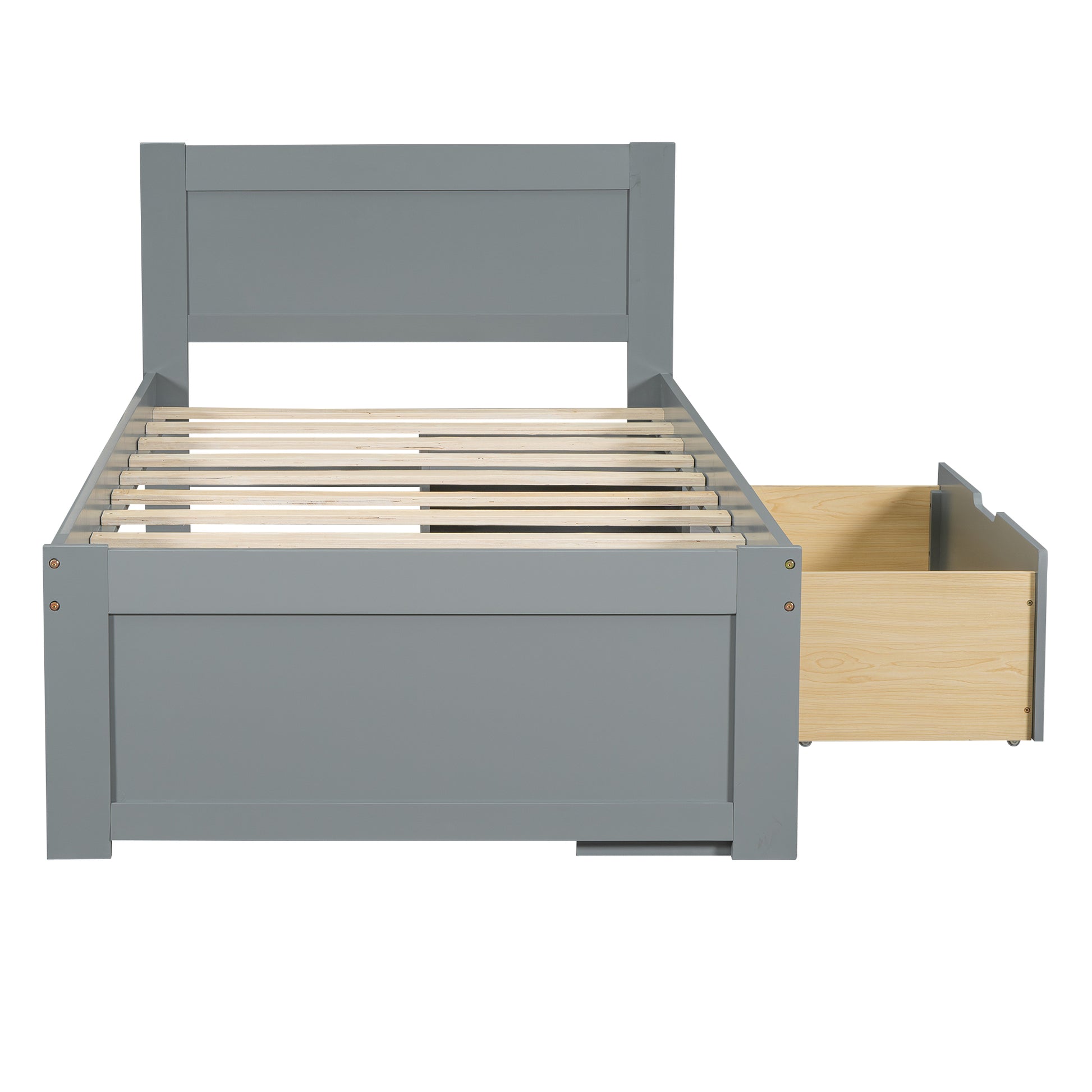 Twin Size Platform Bed With Drawer And Two Shelves, Gray Expected Arrival Time: 10.28 Twin Antique Gray Mdf Lvl